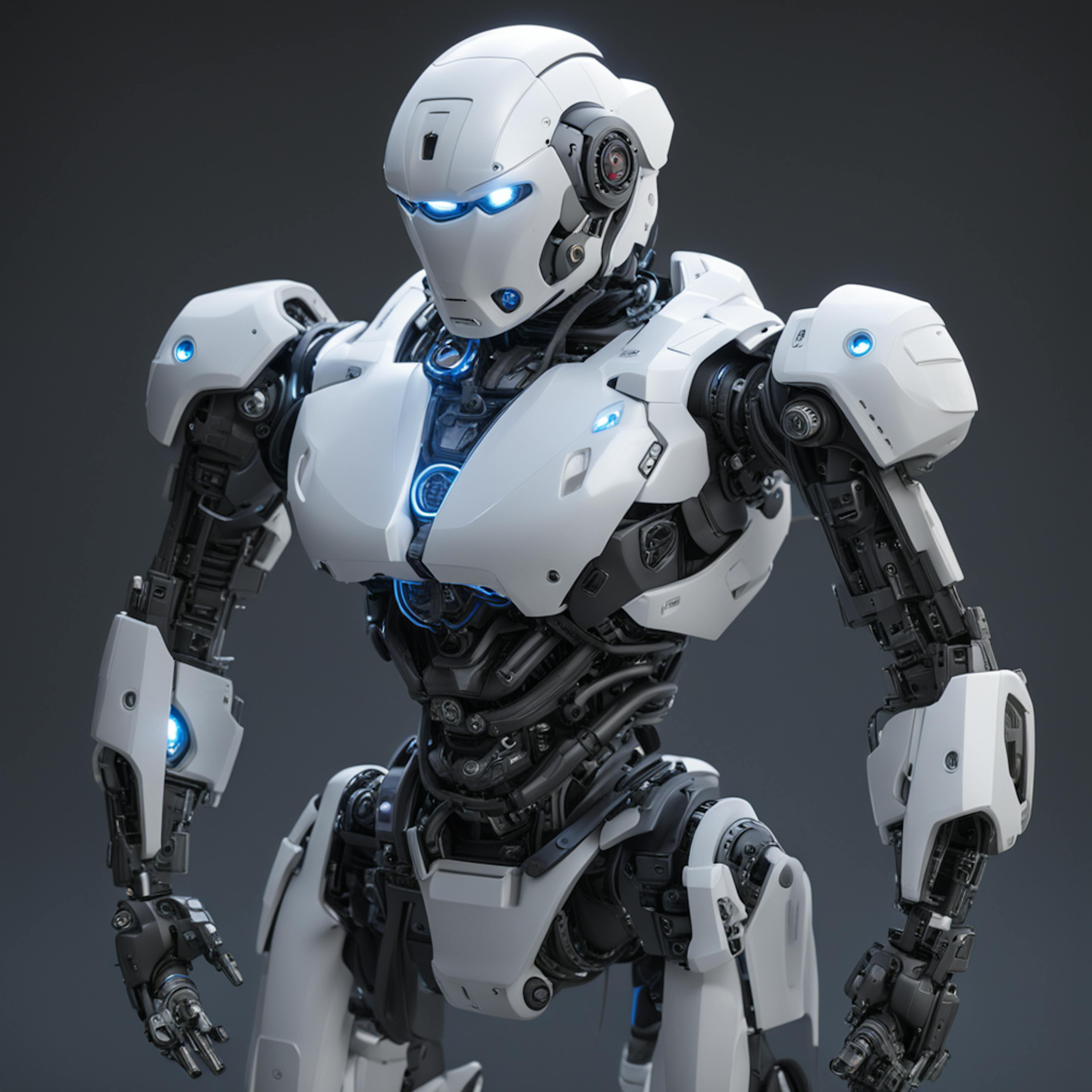 white humanoid robot with blue lights, showcasing intricate mechanical details. This visually striking representation can illustrate the potential of "generative AI in marketing" to create captivating and futuristic visuals that engage audiences.