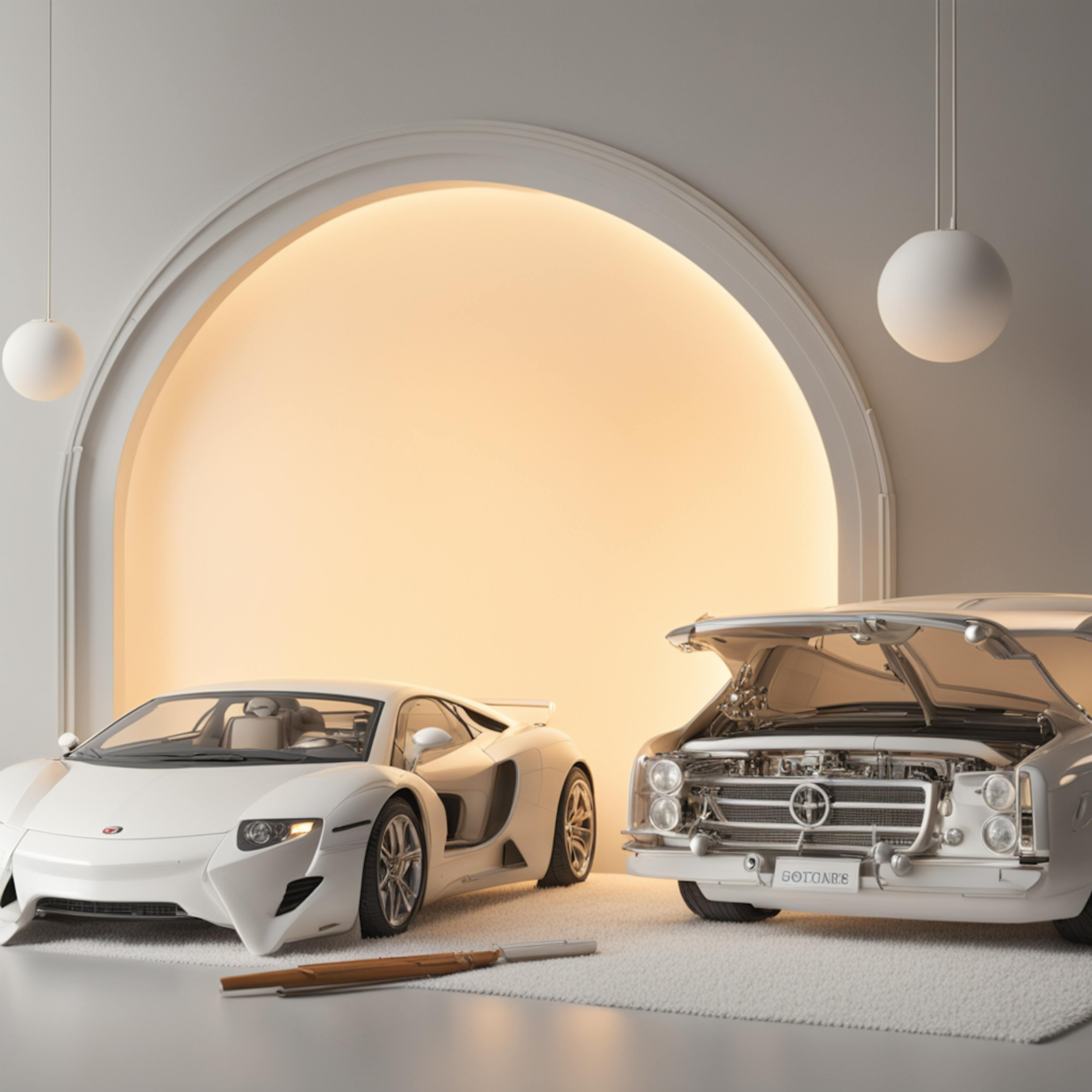 a sleek, modern showroom with two luxury cars, one with its hood open to reveal intricate engineering. This setting highlights how "generative AI in marketing" can be used to create high-end, visually appealing advertisements that emphasize detail and innovation.