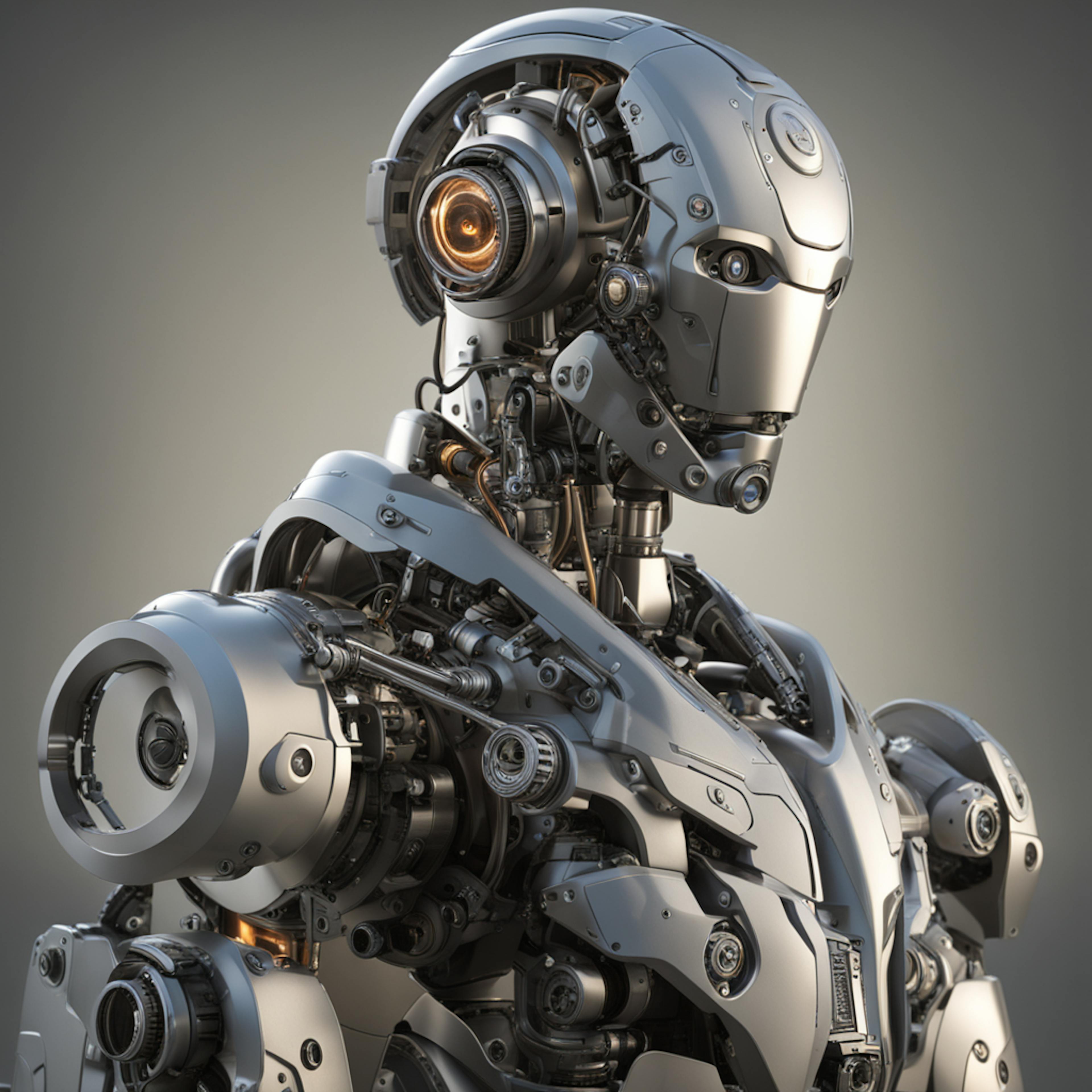 a highly detailed, metallic humanoid robot with intricate mechanical parts, conveying the sophistication of advanced technology. This image exemplifies the capabilities of "generative AI in marketing" to produce detailed and engaging visuals that can captivate and inform potential customers.