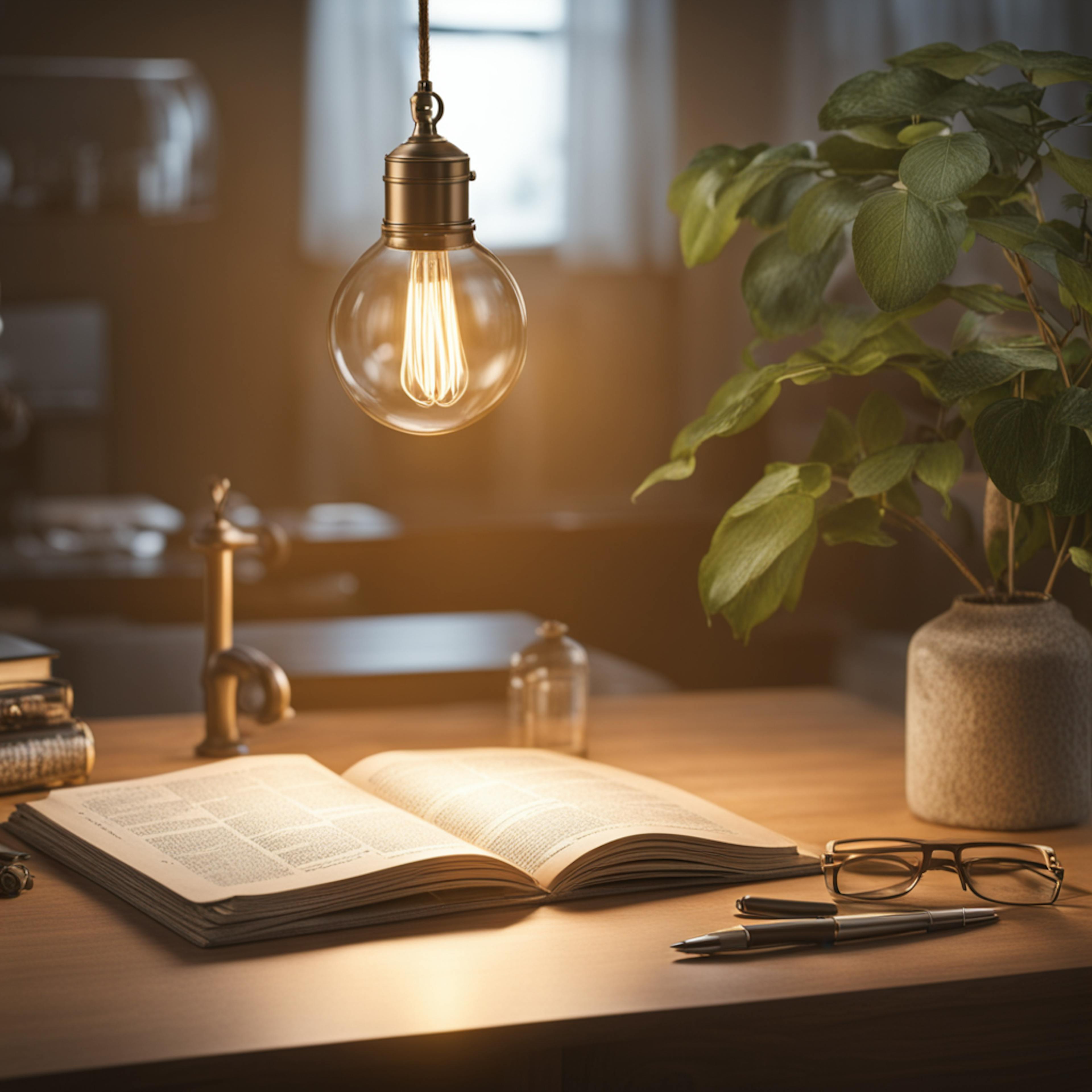 The image portrays a cozy, dimly lit workspace with a warm, vintage light bulb hanging above an open book on a wooden desk. Next to the book are a pair of glasses and two pens, suggesting a serene and focused environment for studying or writing. A potted plant adds a touch of nature to the setting. This inviting scene highlights the potential benefits of using "free AI copywriting" tools to enhance productivity and creativity in such a calm and conducive atmosphere.