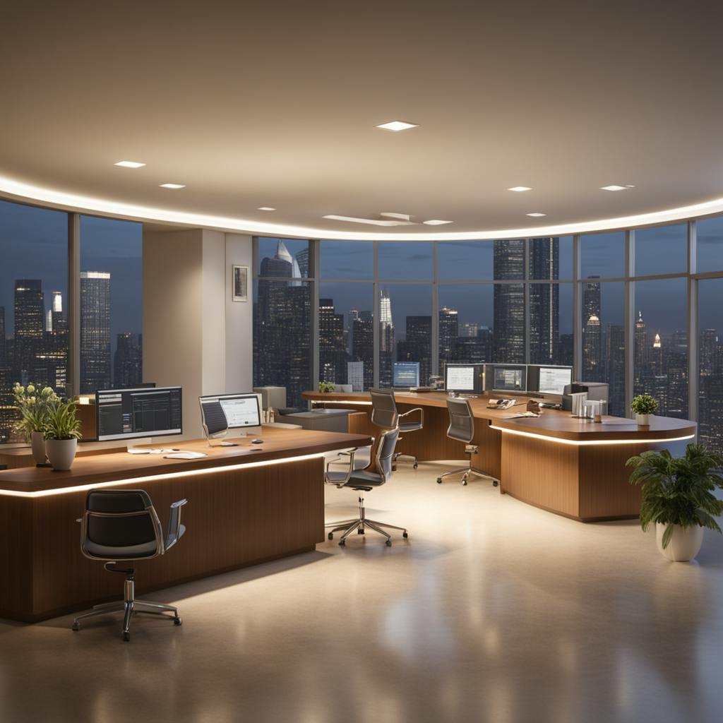 a modern, upscale office space with large windows offering a panoramic view of a cityscape at night. The sleek design and professional environment highlight the dynamic and competitive nature of the "financial services marketing industry."