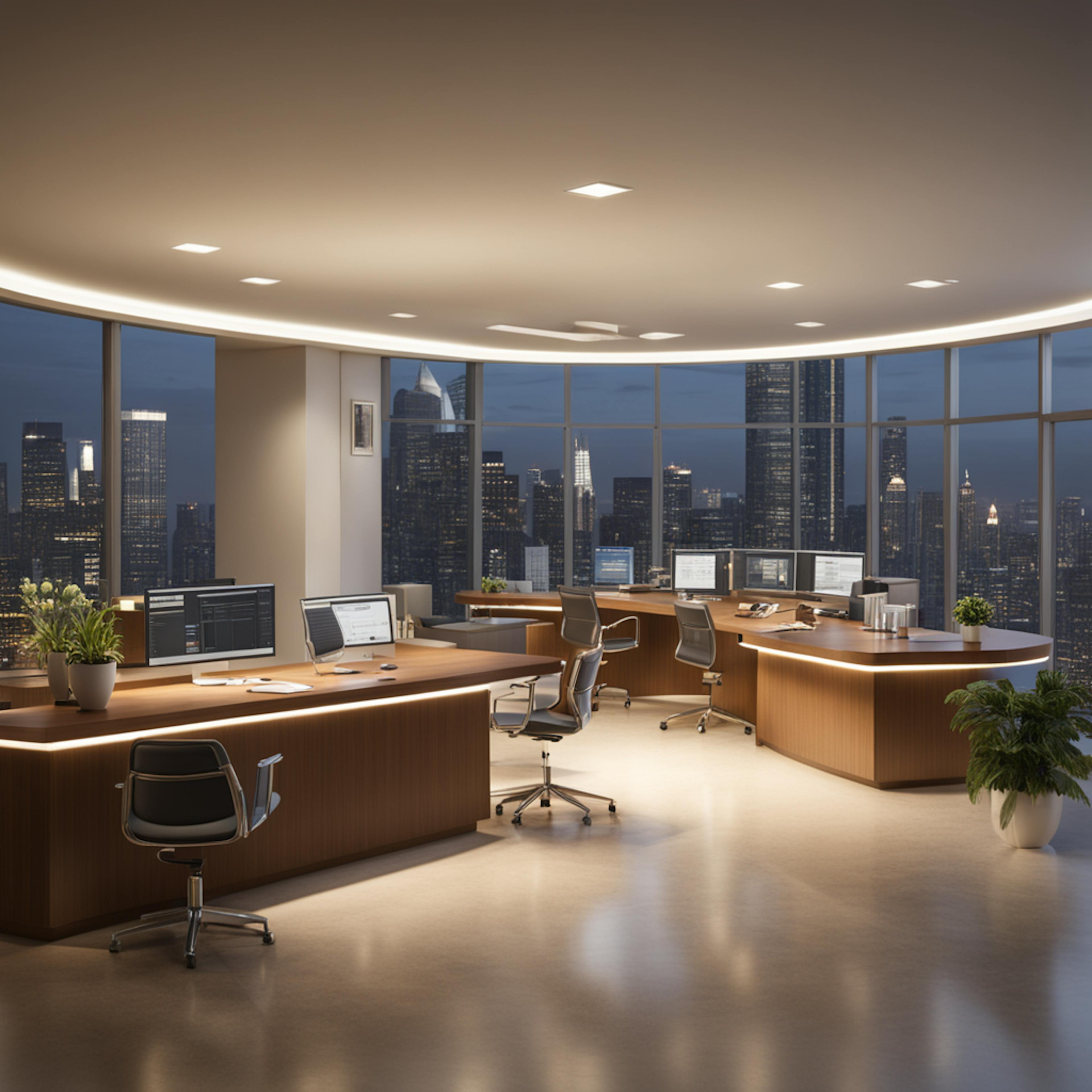 a modern, upscale office space with large windows offering a panoramic view of a cityscape at night. The sleek design and professional environment highlight the dynamic and competitive nature of the "financial services marketing industry."