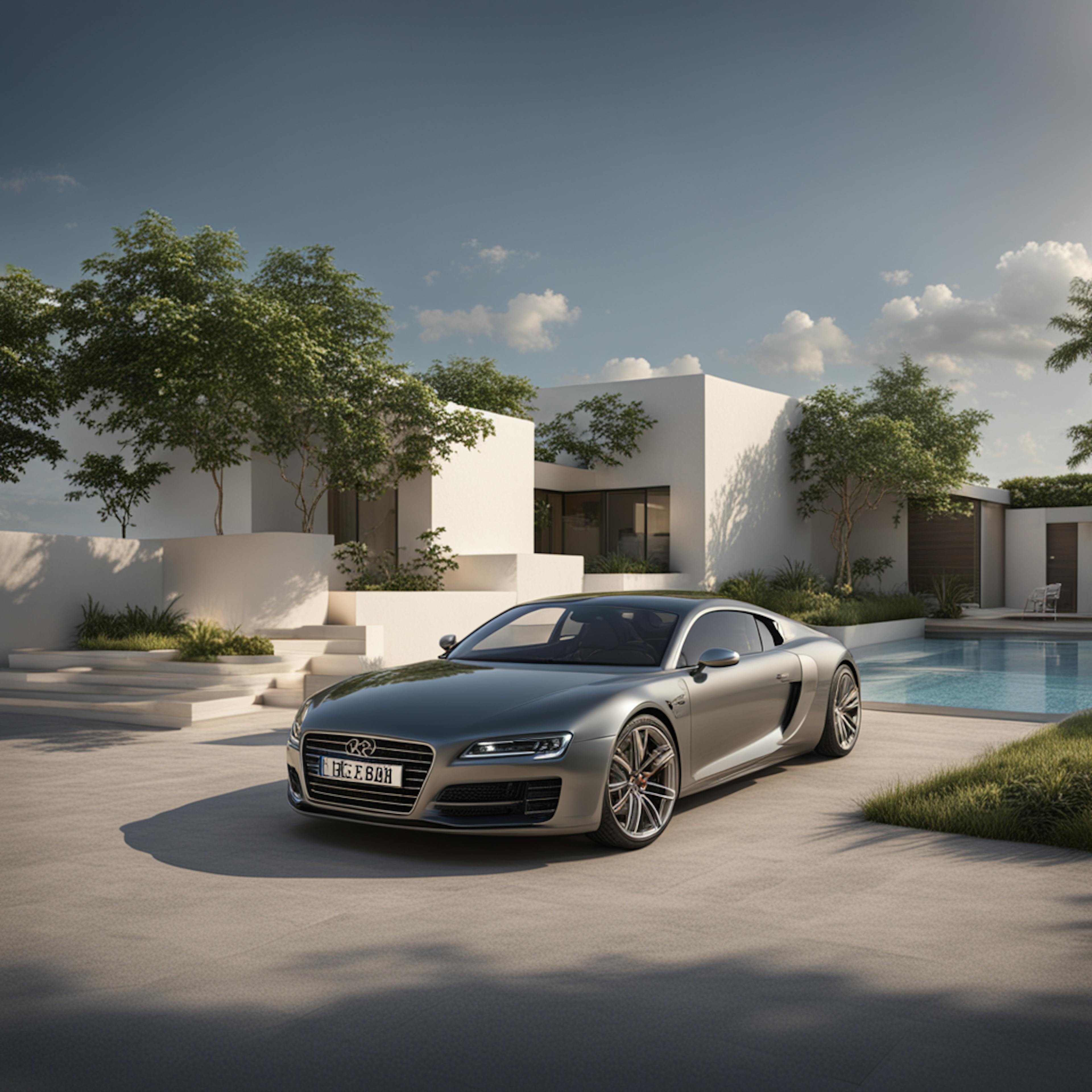 a sleek, modern house with clean lines and a luxury car parked in front, beside a swimming pool. This image conveys a sense of success and high standards associated with the "financial services marketing industry."