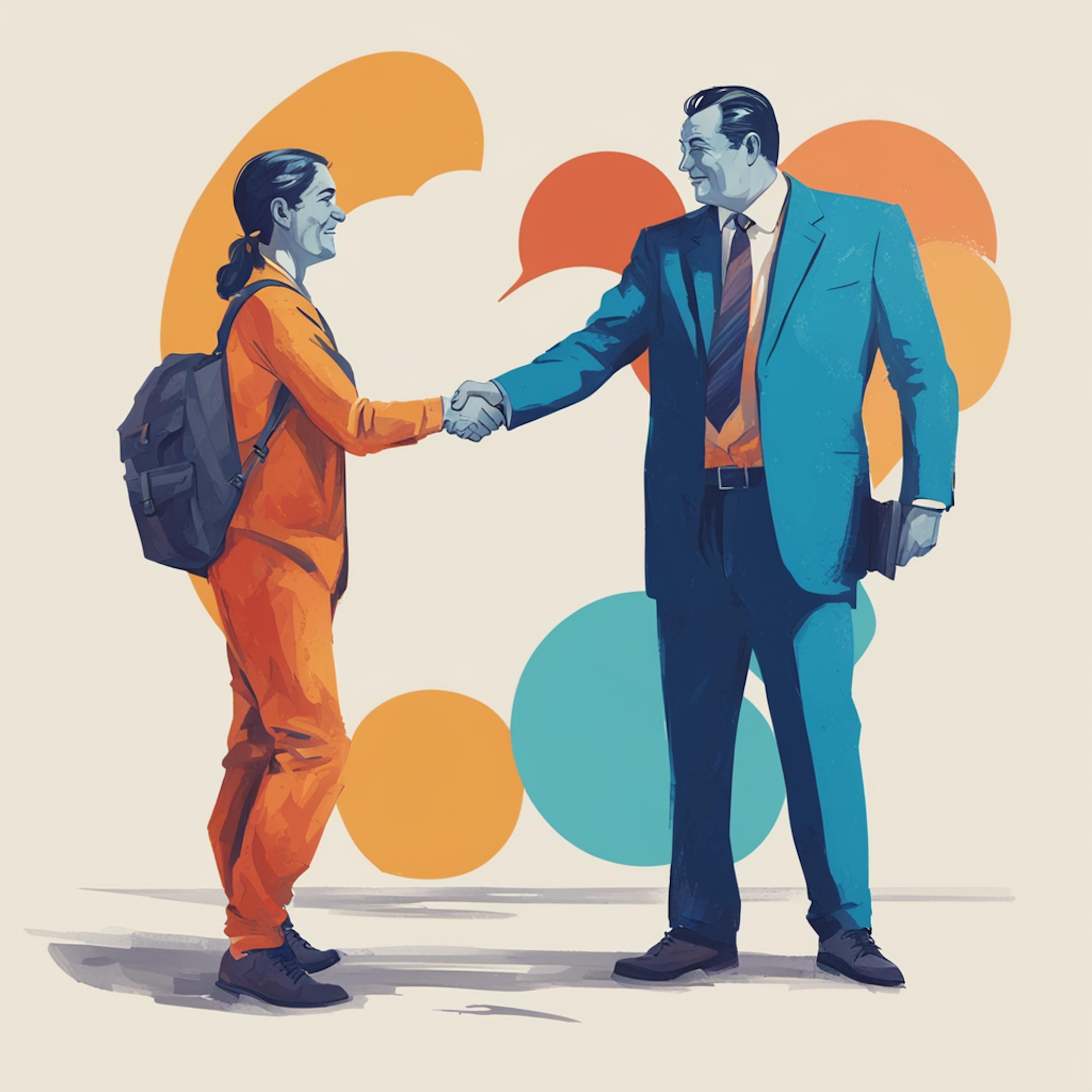 a business interaction between two individuals. One person, dressed in an orange outfit with a backpack, is shaking hands with another person in a blue suit holding a briefcase. The background features abstract shapes in orange and blue, symbolizing collaboration and communication. This visual effectively conveys the essence of "financial services marketing," highlighting professional relationships and successful partnerships in the industry.

4o