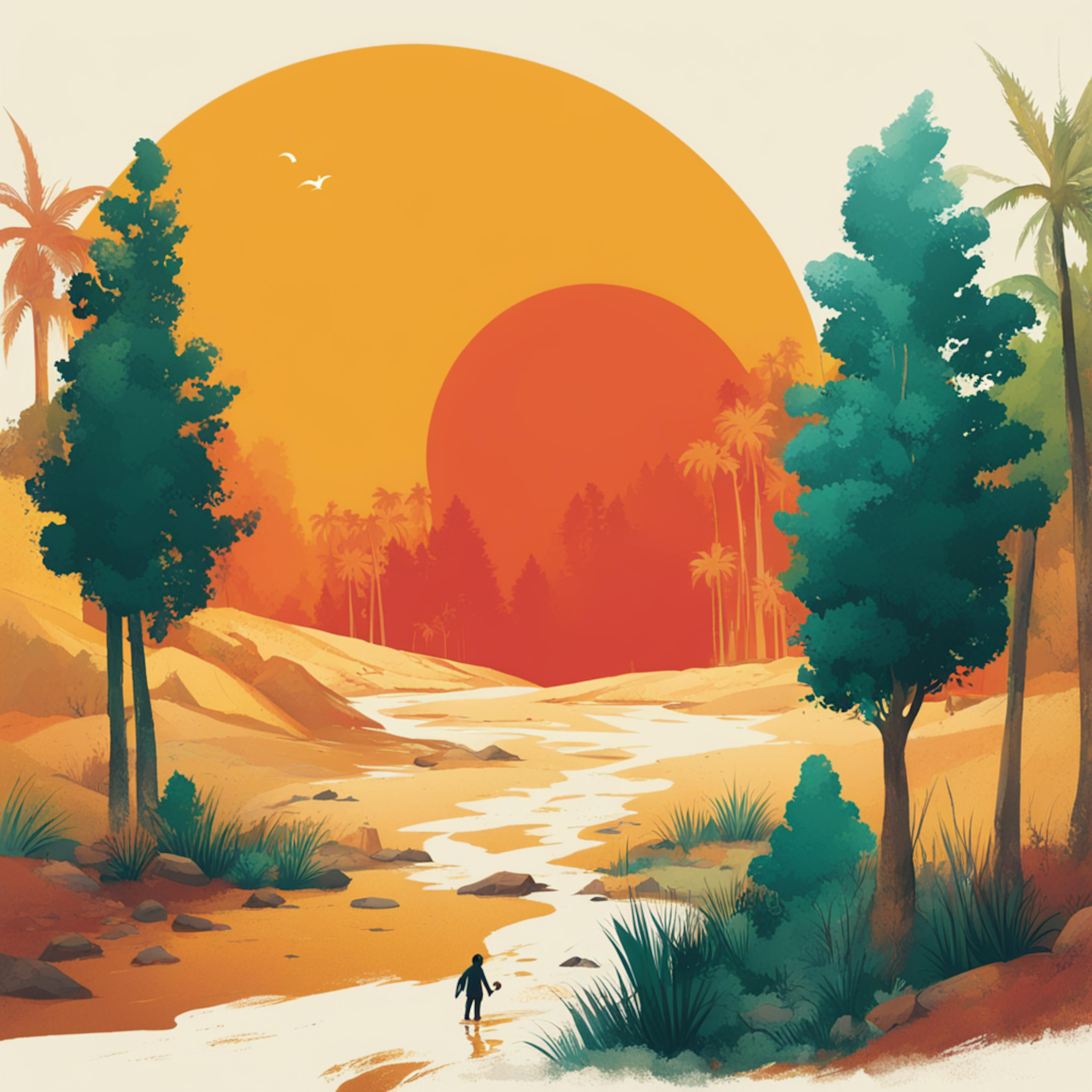 a vibrant landscape with a river flowing through a forest of tall trees and palm trees, under a large, setting sun. A person is seen walking along the river, creating an adventurous and serene atmosphere. This visually striking scene can be used to convey the immersive experience of a well-crafted "event marketing plan."