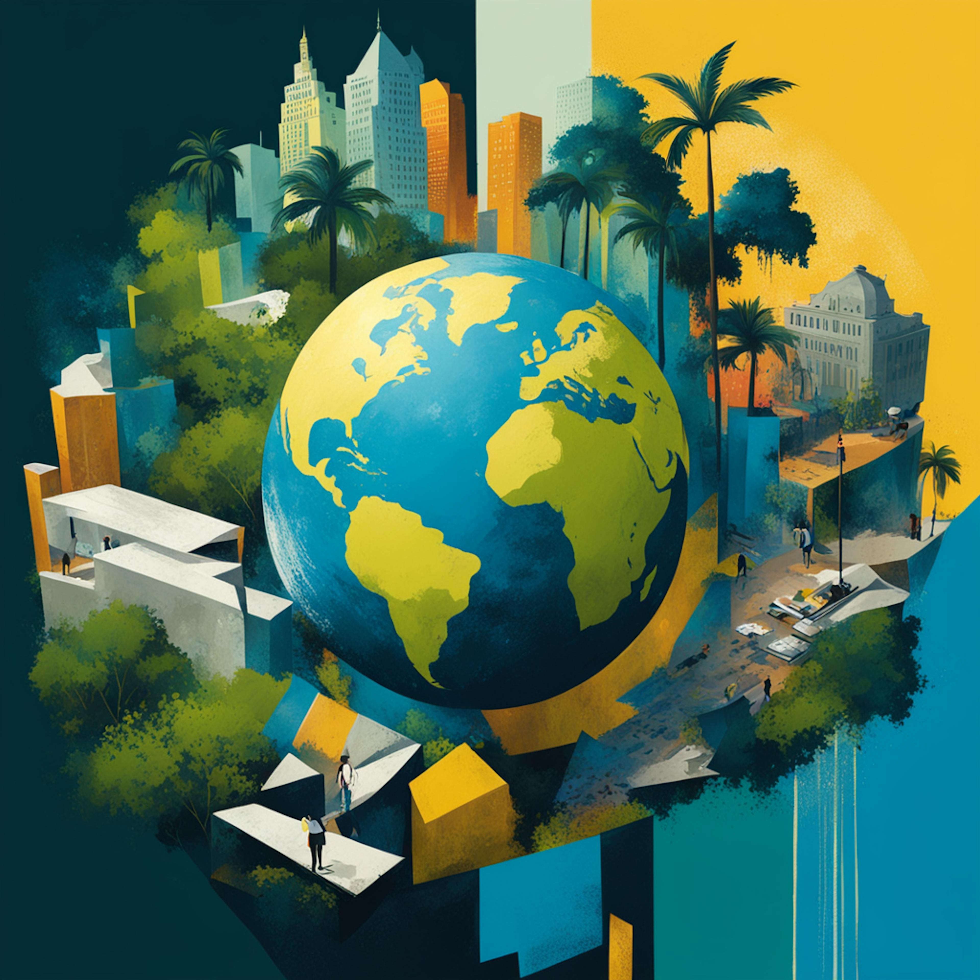 a globe at the center, surrounded by diverse cityscapes and lush greenery, representing global connectivity and diversity. The visual emphasizes the comprehensive reach and impact of a strategically executed "event marketing plan."