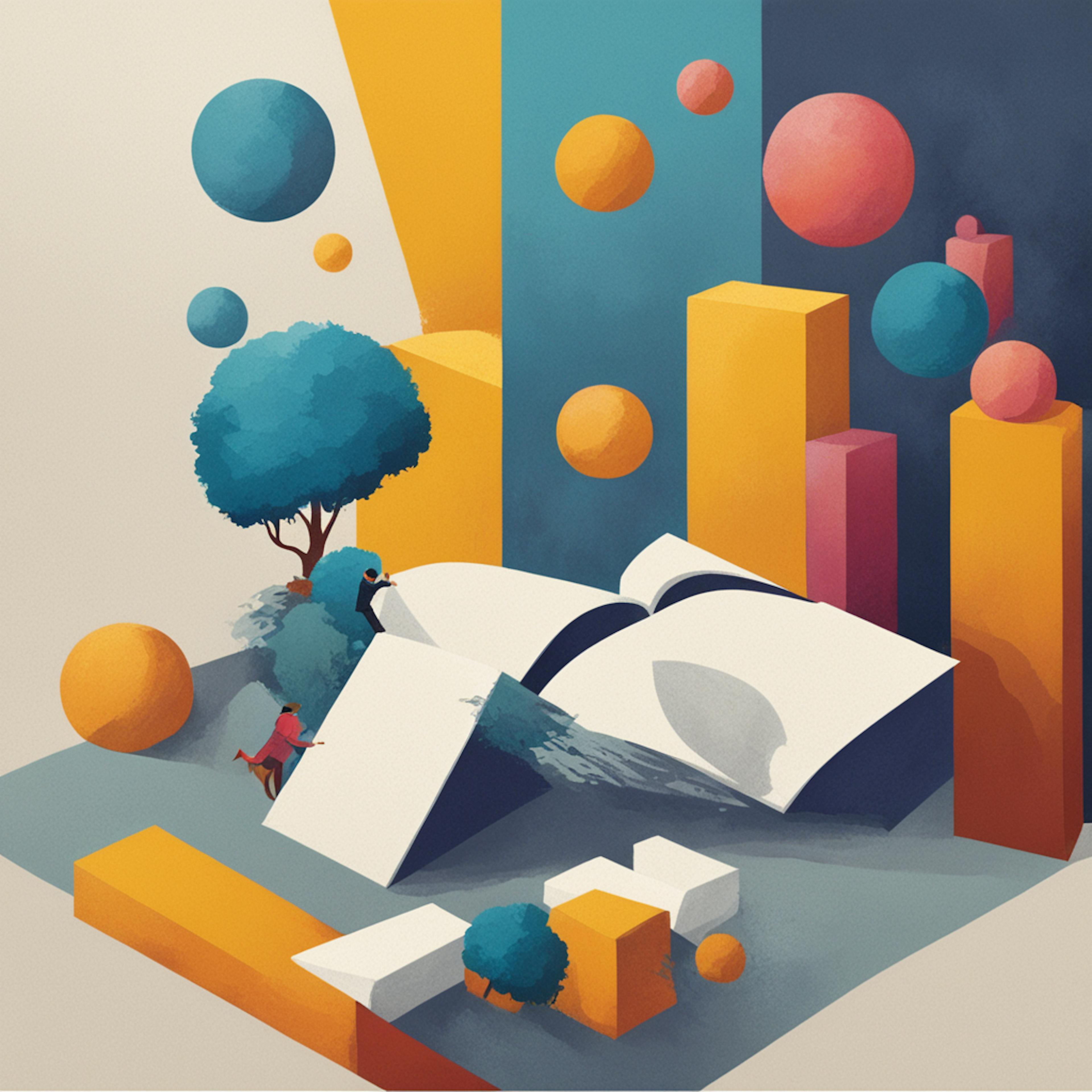 a surreal scene with an open book turning into a landscape, complete with trees and geometric shapes. This imaginative depiction can represent the creative storytelling aspect in "DTC meaning marketing," where direct-to-consumer brands create engaging narratives to connect with their audience.