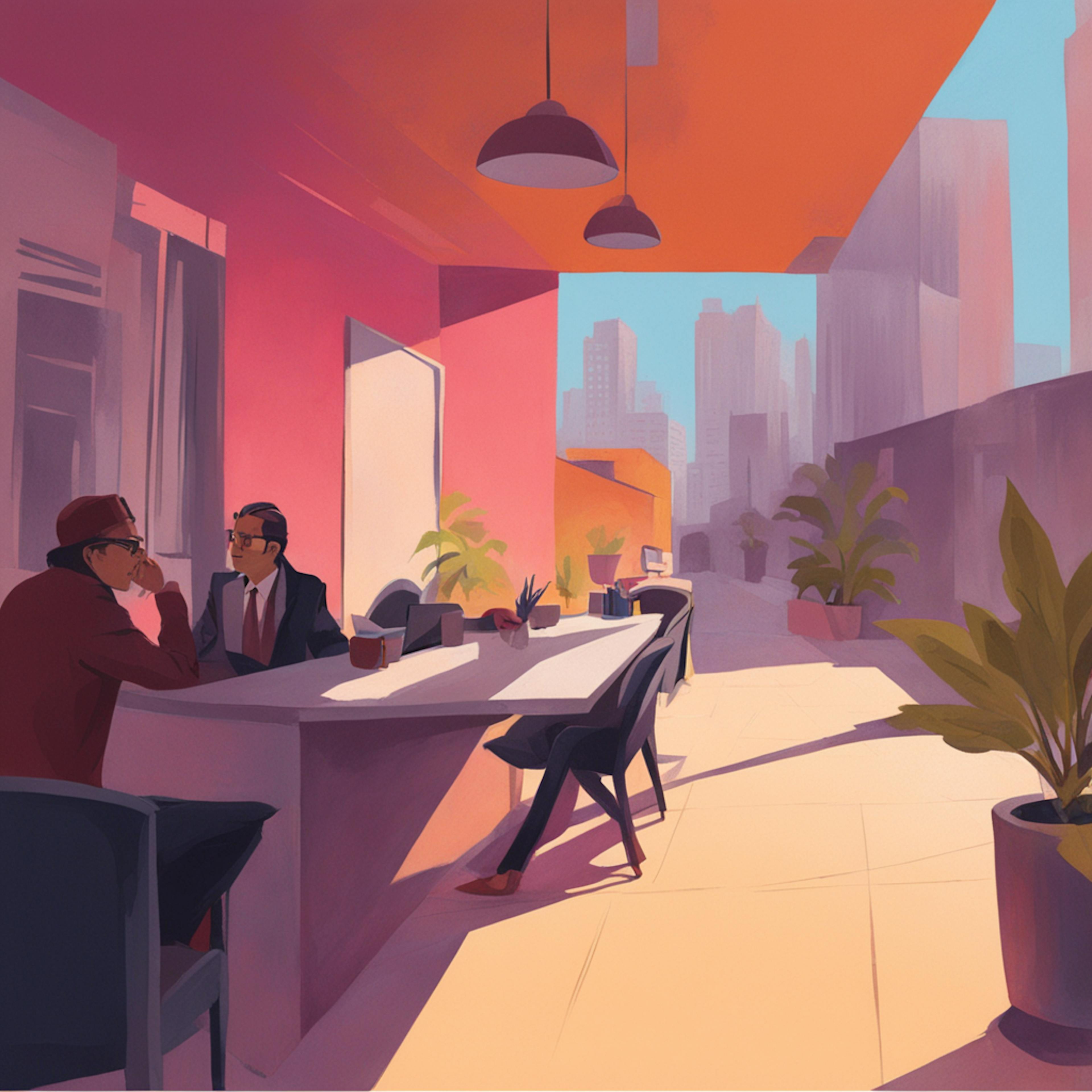 two individuals in conversation on a modern terrace overlooking a cityscape. The vibrant, urban setting highlights the importance of strategic discussions and partnerships in "DTC meaning marketing," emphasizing the direct relationship between brands and their consumers.