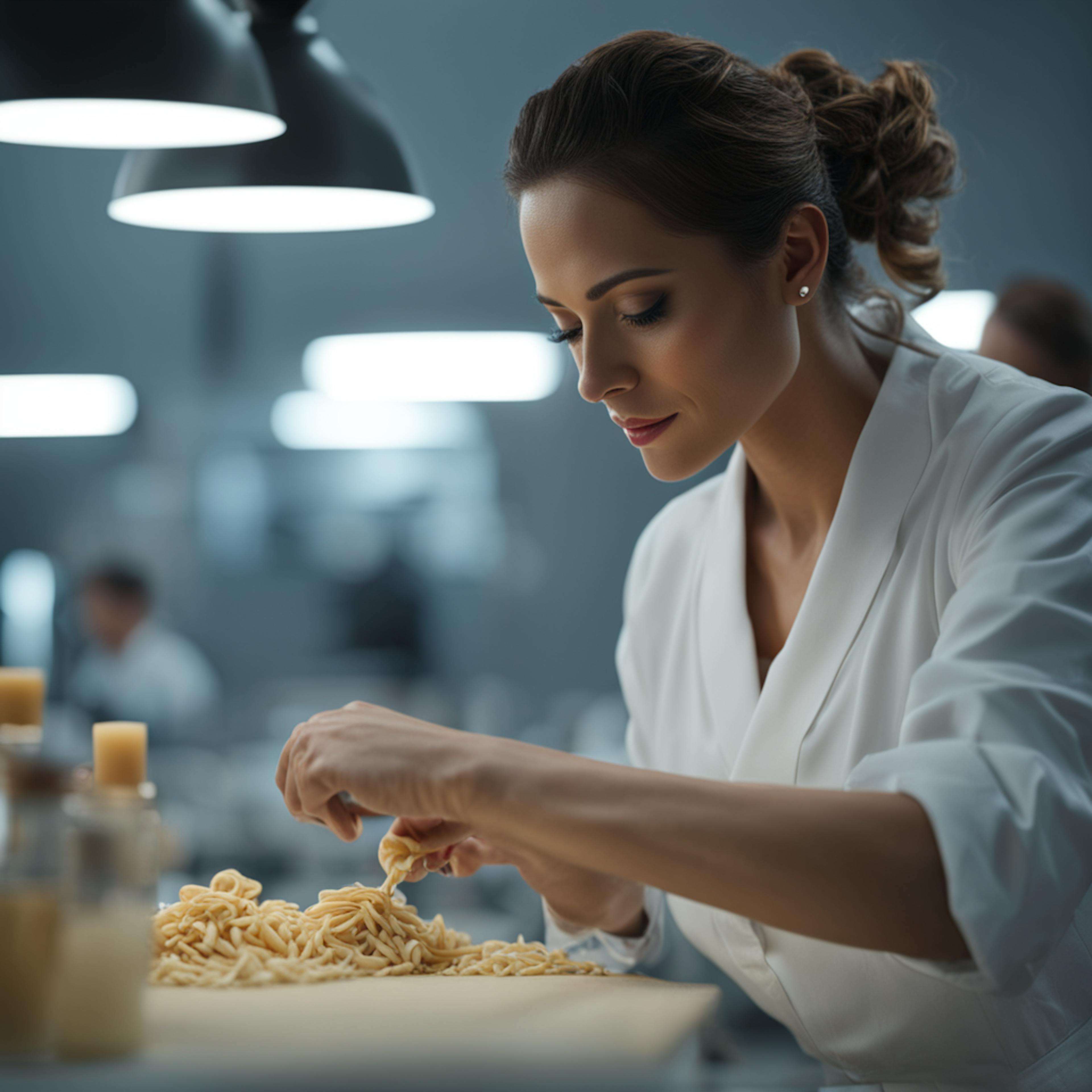 a woman in a white chef's coat carefully preparing fresh pasta in a well-lit, professional kitchen. Her focus and precision exemplify the attention to detail and expertise that a "DTC marketing agency" brings to creating and executing effective marketing strategies for direct-to-consumer brands.