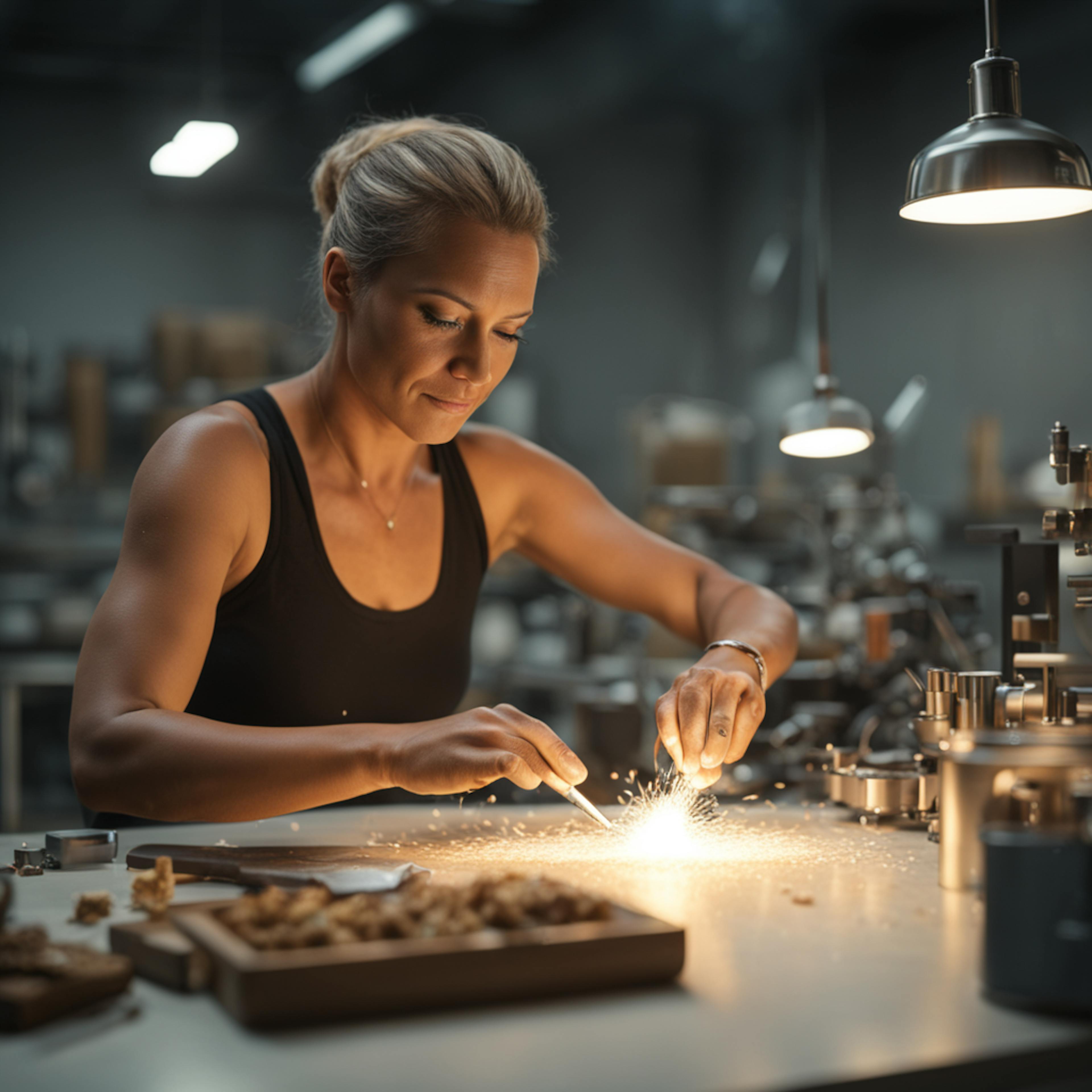 a woman in a black tank top working meticulously with sparks flying in a workshop. This scene highlights the hands-on, creative, and industrious approach of a "DTC marketing agency" in crafting unique and impactful marketing campaigns for direct-to-consumer businesses.