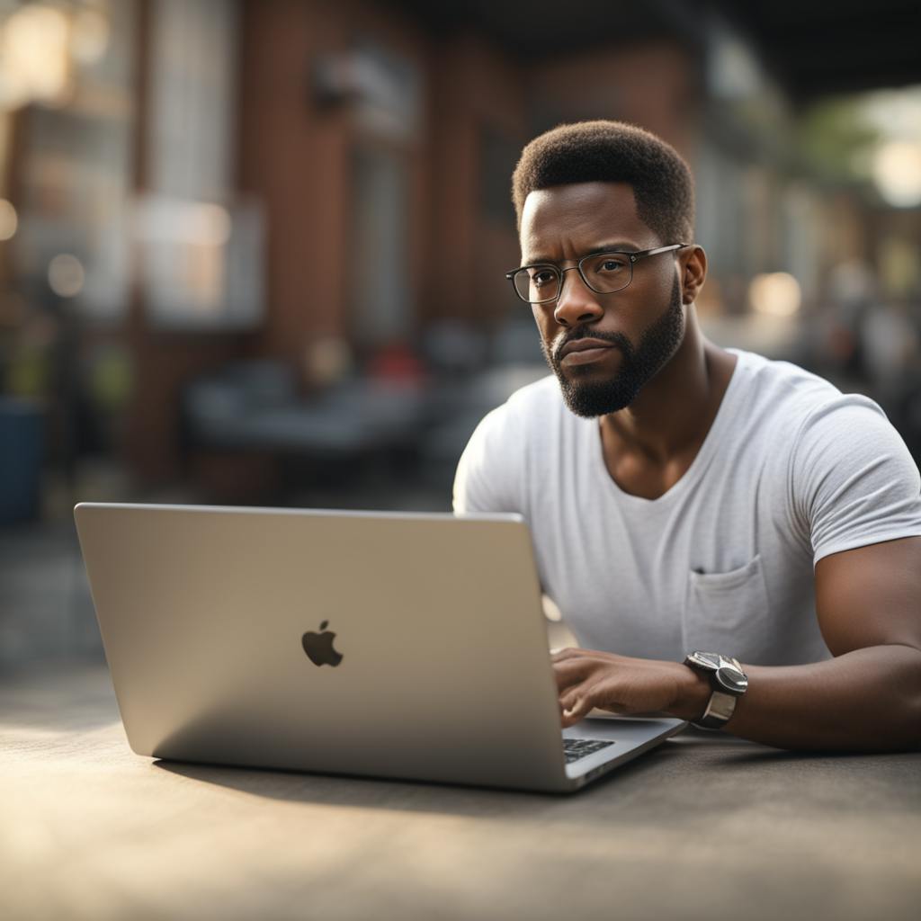 A focused individual working on a laptop outdoors, representing the convenience and innovation of using a lawn mower track conversion kit to enhance your experience.