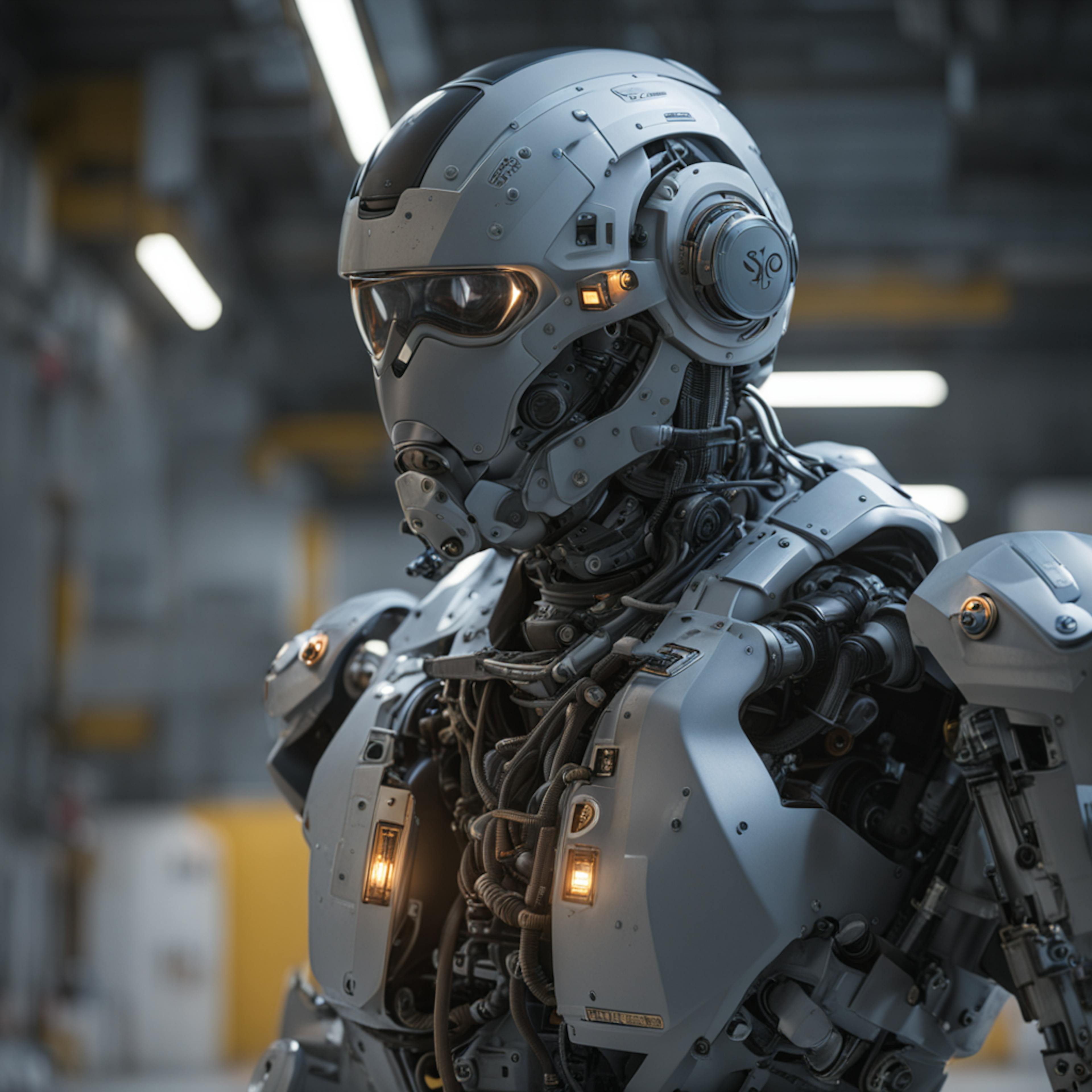 A highly advanced robotic figure standing in a futuristic environment, exemplifying the cutting-edge potential of how to use AI in marketing for precision targeting and customer engagement.