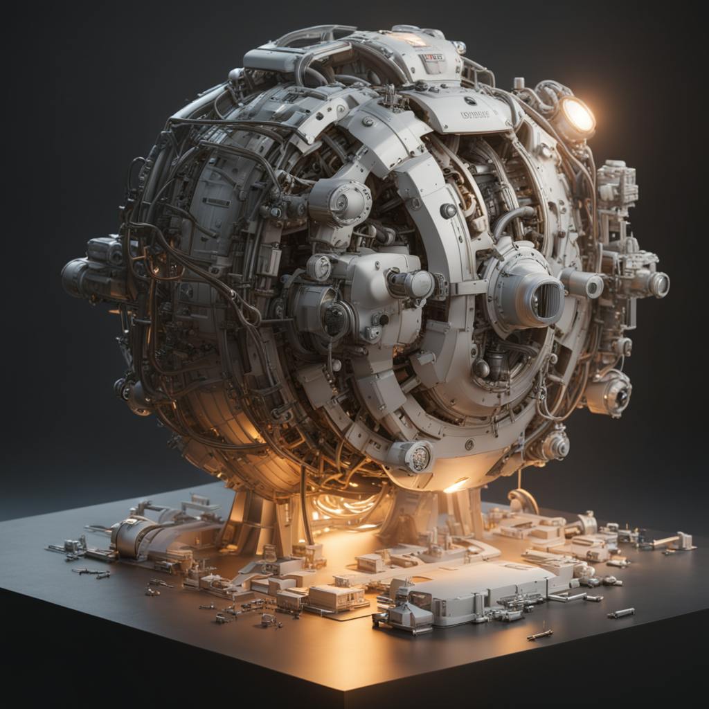 A complex, futuristic machine with intricate details, representing the intricate processes involved in how to use AI in marketing to analyze data and predict consumer behavior effectively.