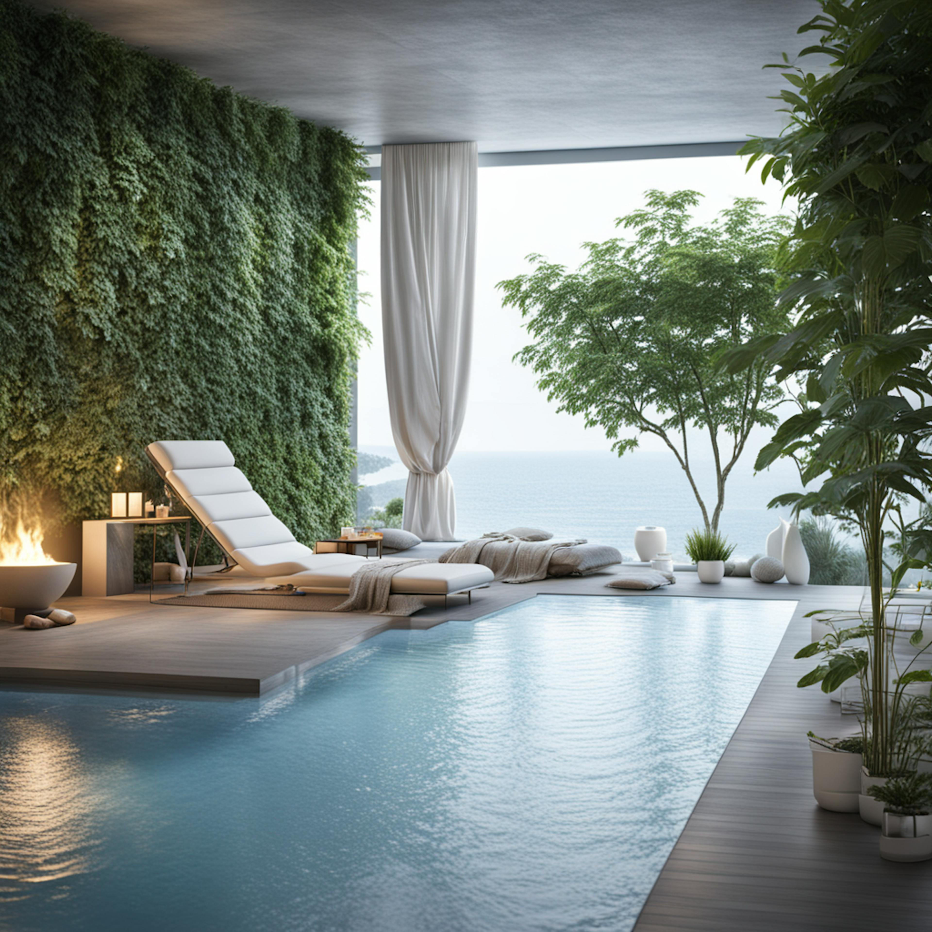 A luxurious wellness retreat featuring a serene indoor pool area with lush greenery, modern lounge chairs, and a panoramic view of the ocean, ideal for health and wellness affiliate marketing.