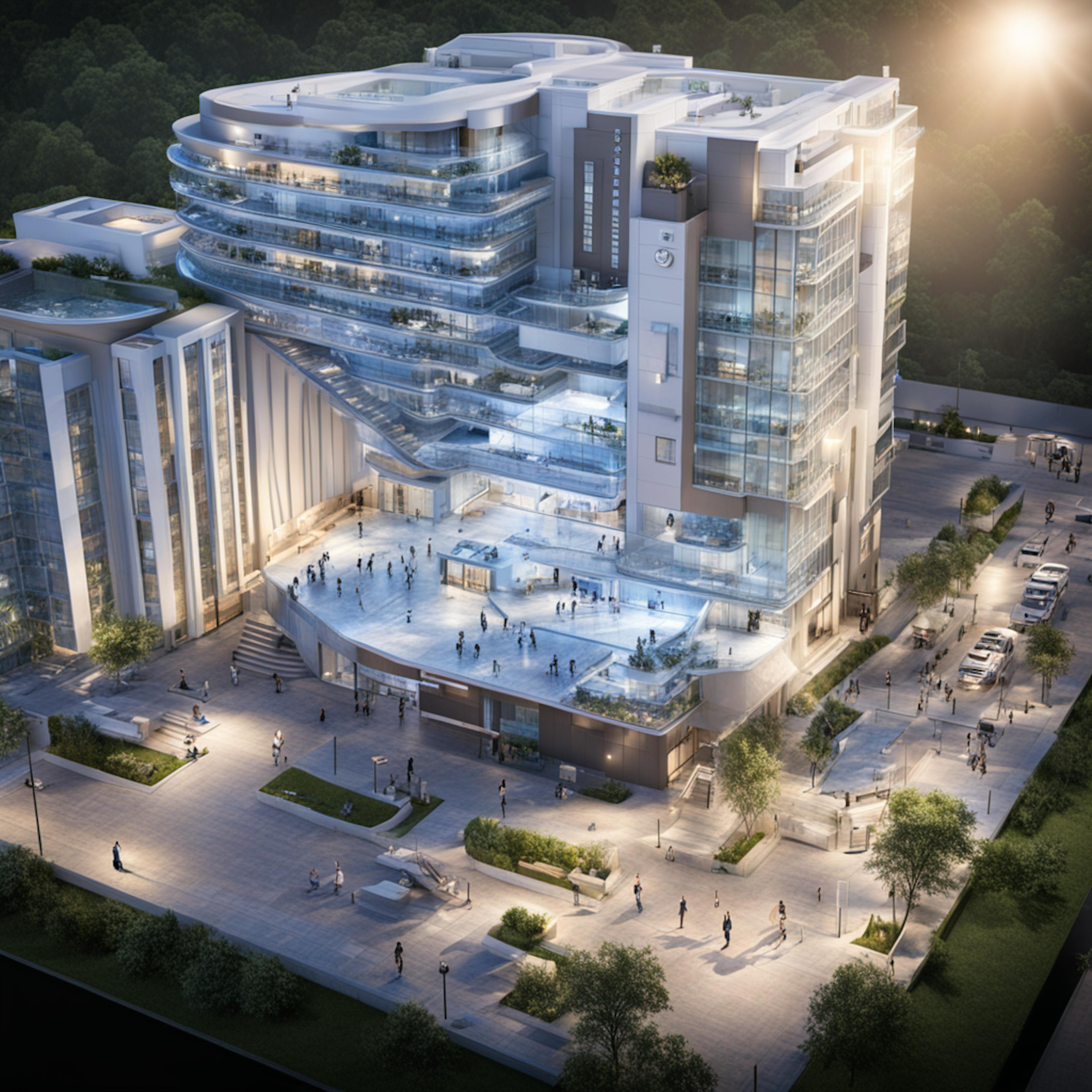 A sophisticated, modern building complex illuminated at dusk, showcasing sleek architectural design and bustling activity, perfect for promoting health and wellness affiliate marketing opportunities.