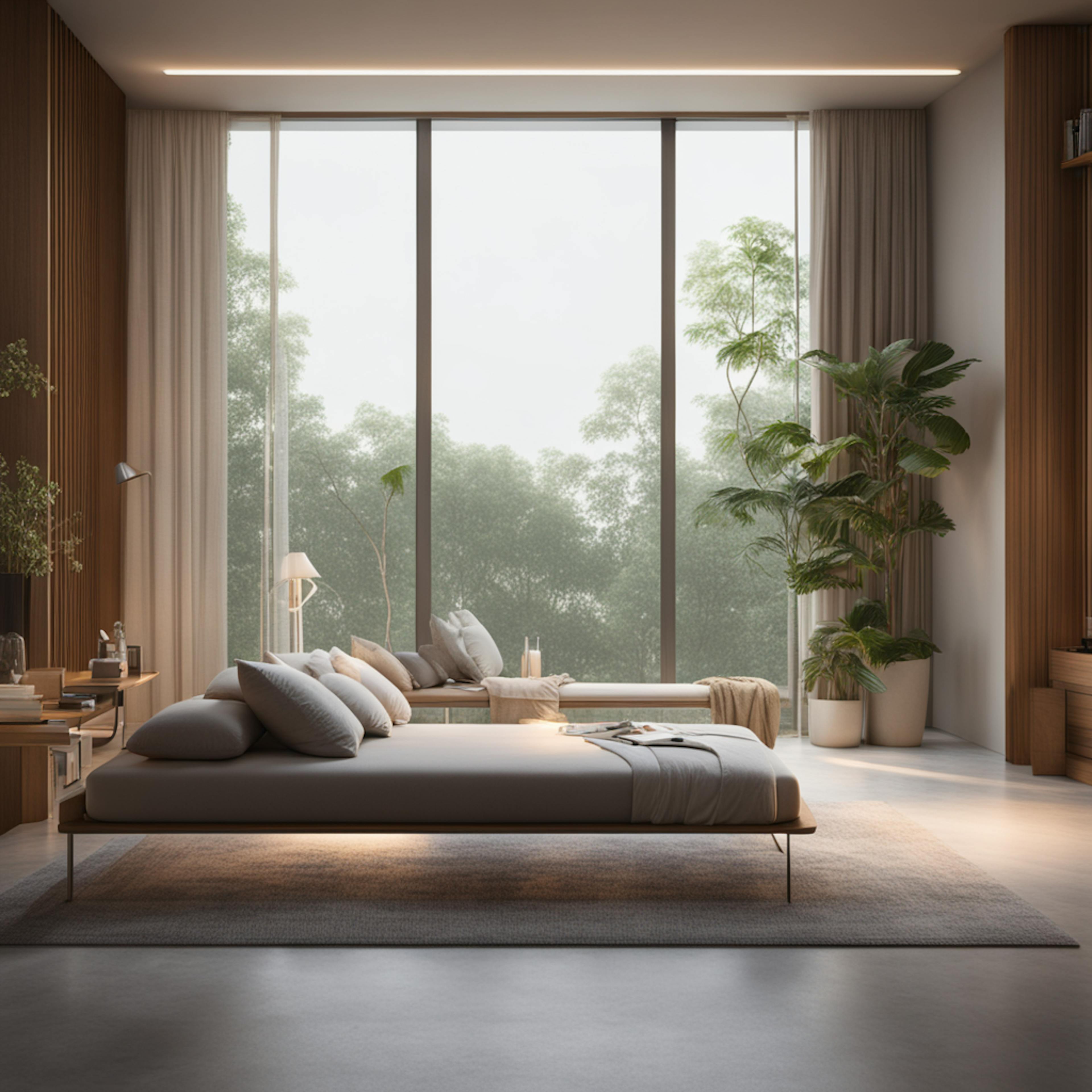 An elegantly designed bedroom with large windows, minimalist furniture, and abundant natural light, surrounded by greenery, suitable for health and wellness affiliate marketing.