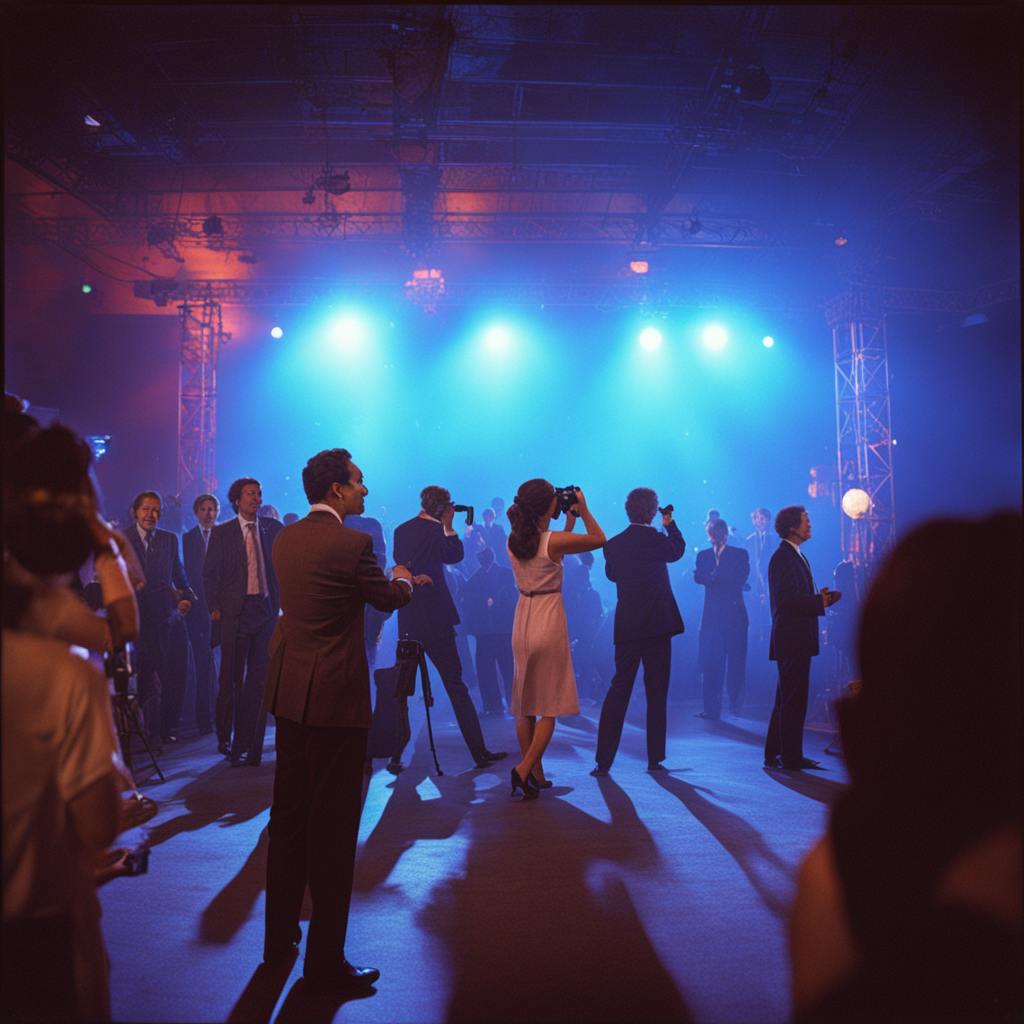 A stylish indoor market event where attendees in formal attire mingle and network under vibrant lighting, highlighting the dynamic atmosphere of market events.