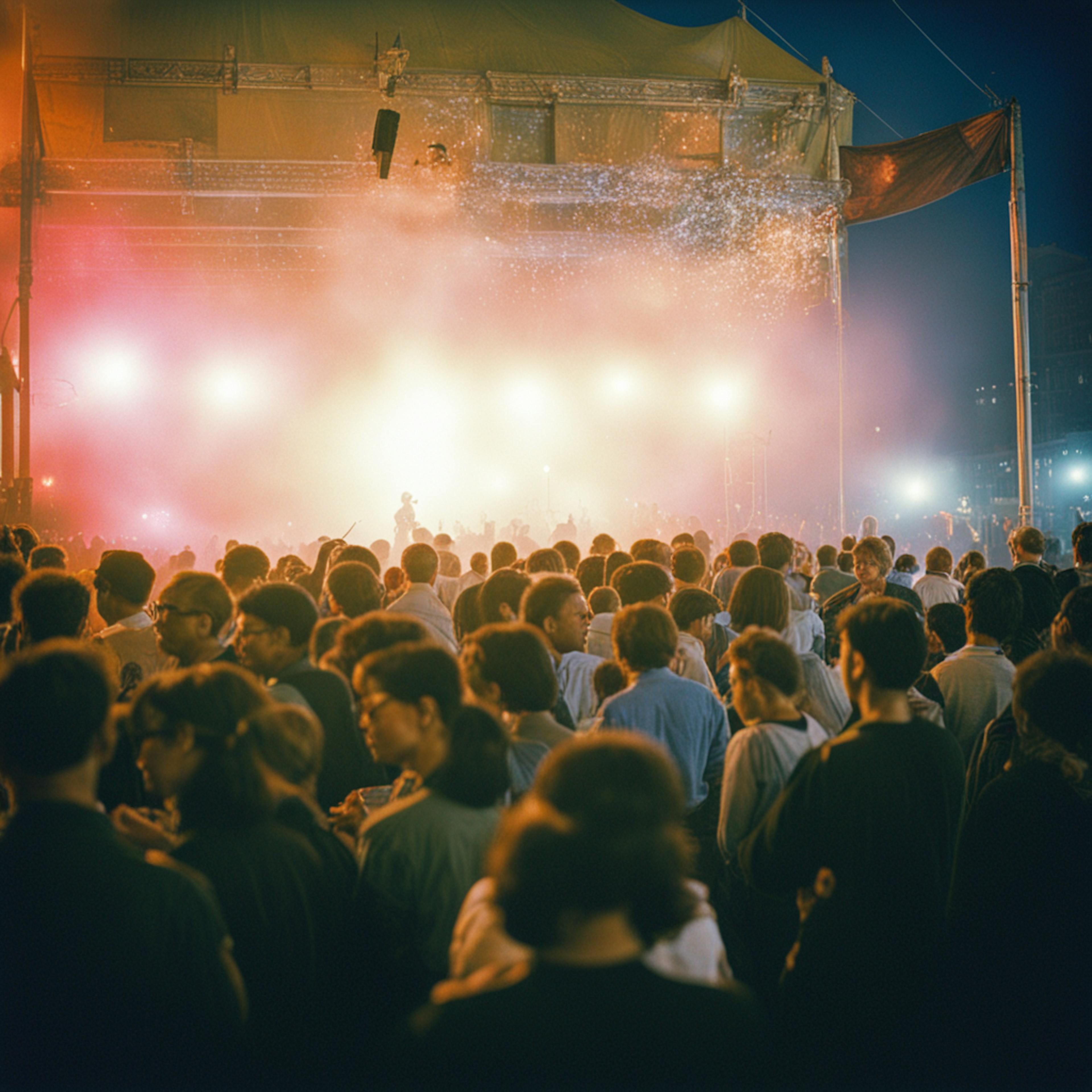 An outdoor market event bustling with people under a canopy of lights and a haze of celebratory ambiance, capturing the lively essence of market events.