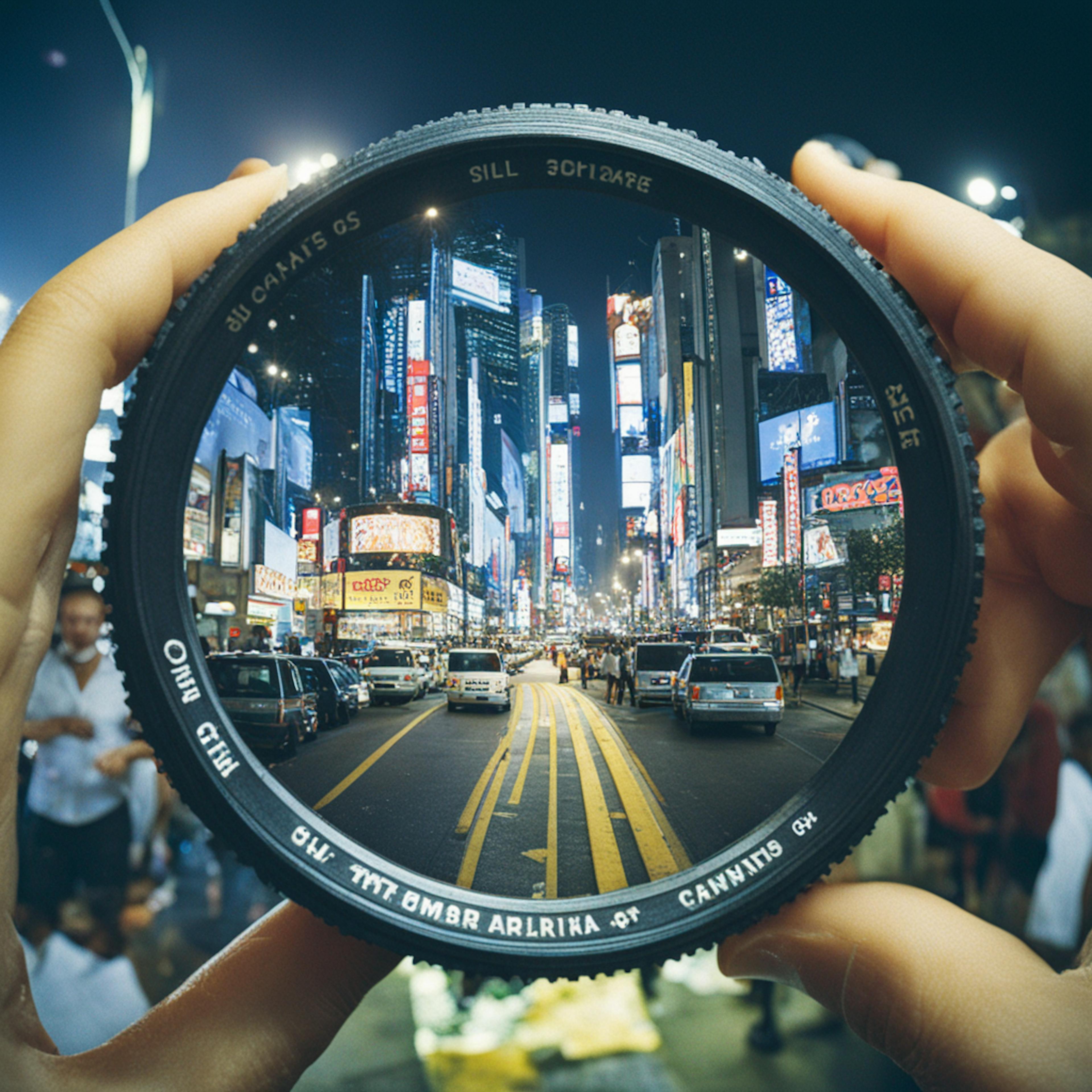 A unique perspective of a bustling city street through a camera lens, showcasing the vibrant energy and activity of market events.