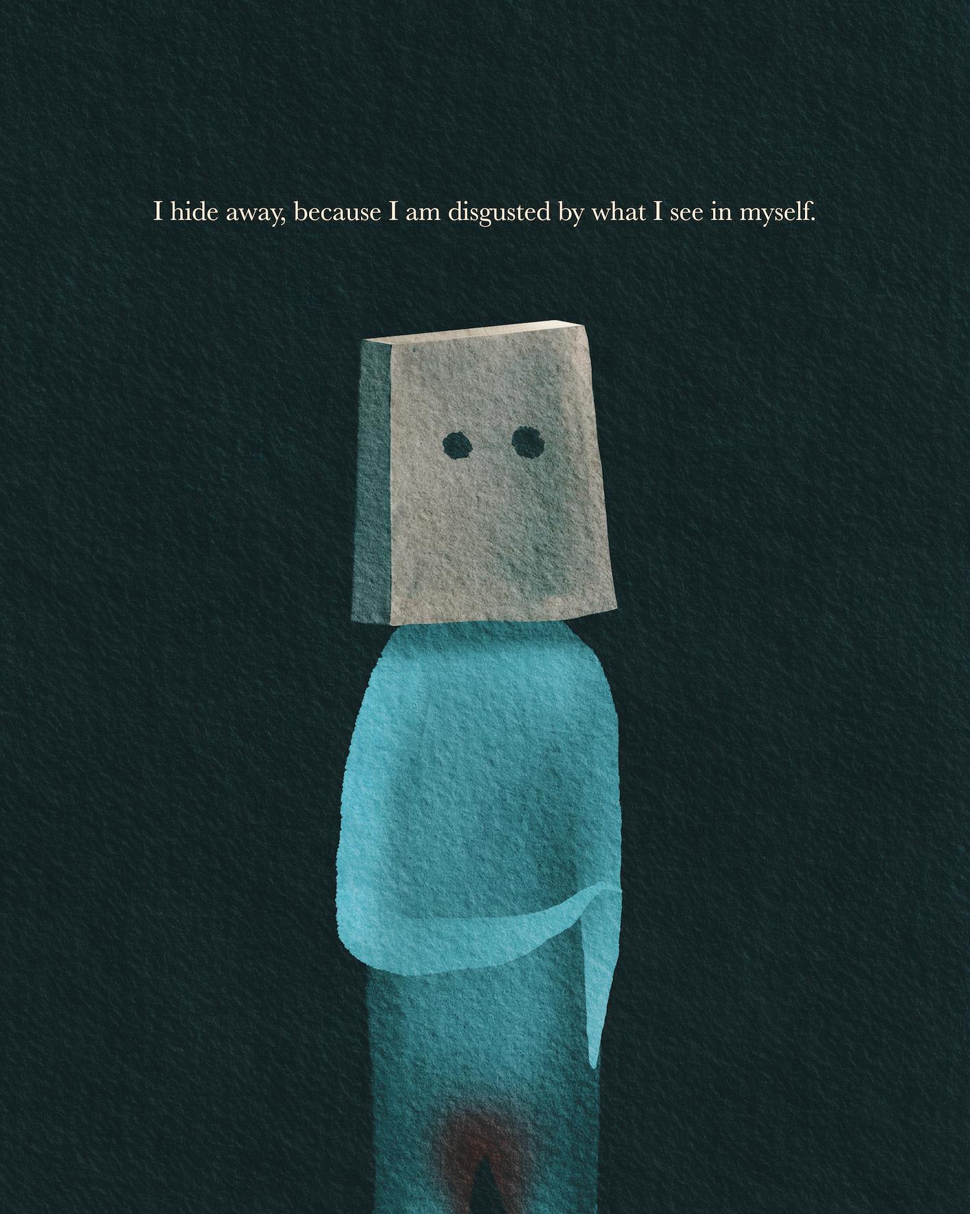 Character with a bag on their head