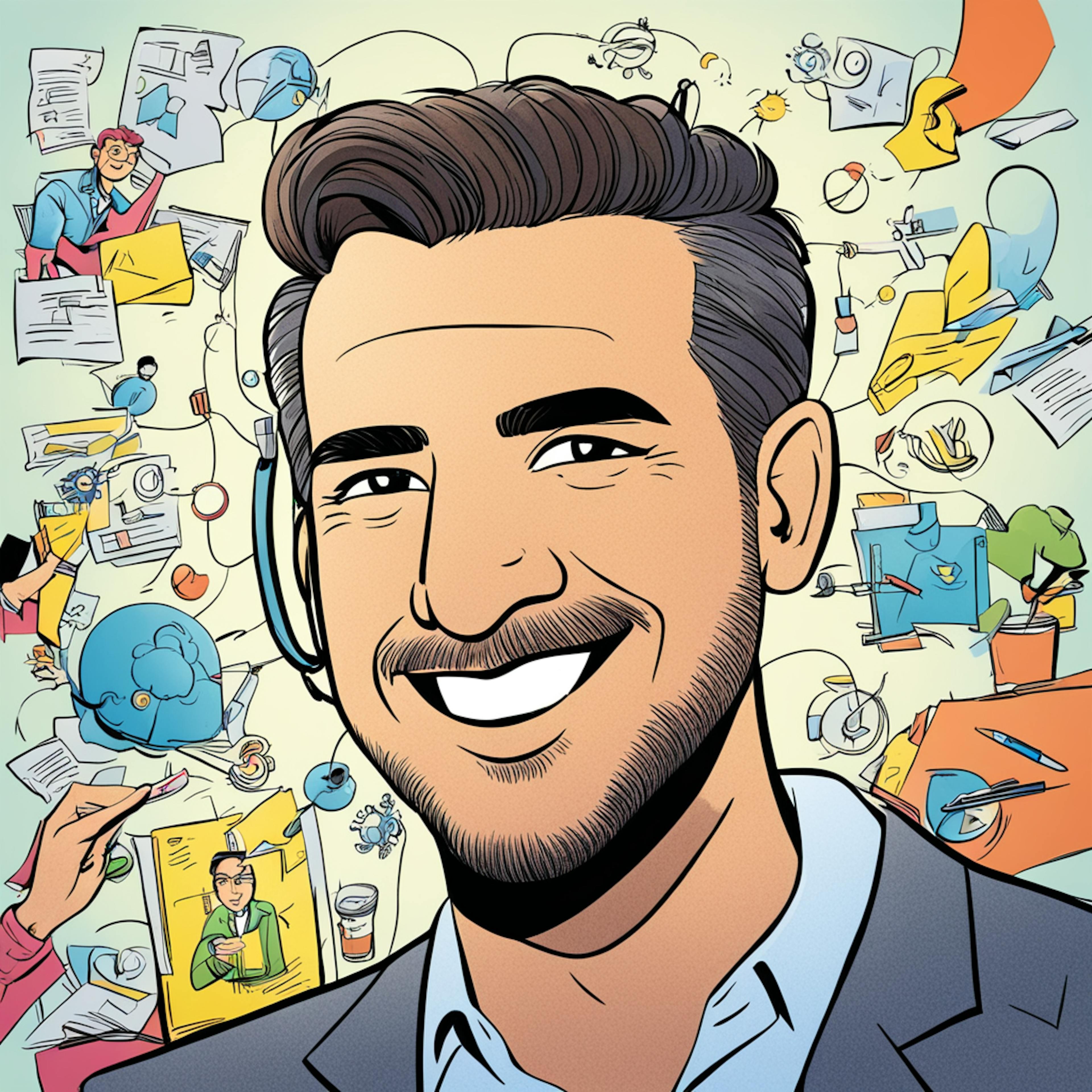 A cheerful and dynamic cartoon portrait of a man surrounded by illustrations of various tasks and activities, representing the multifaceted approach to how to market your coaching business effectively.