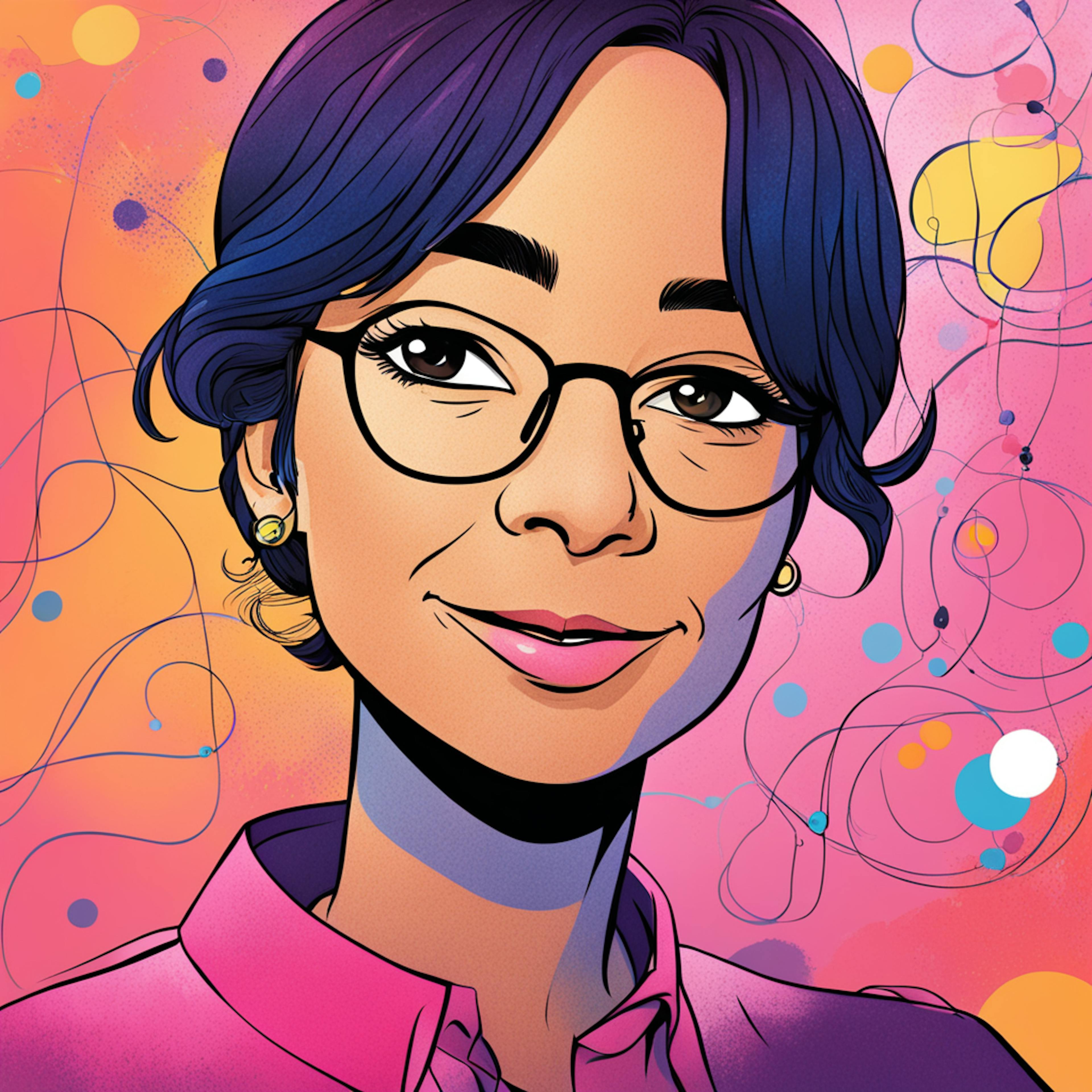 A vibrant cartoon portrait of a woman with glasses, set against a colorful background of interconnected ideas and elements, illustrating the creative strategies on how to market your coaching business.