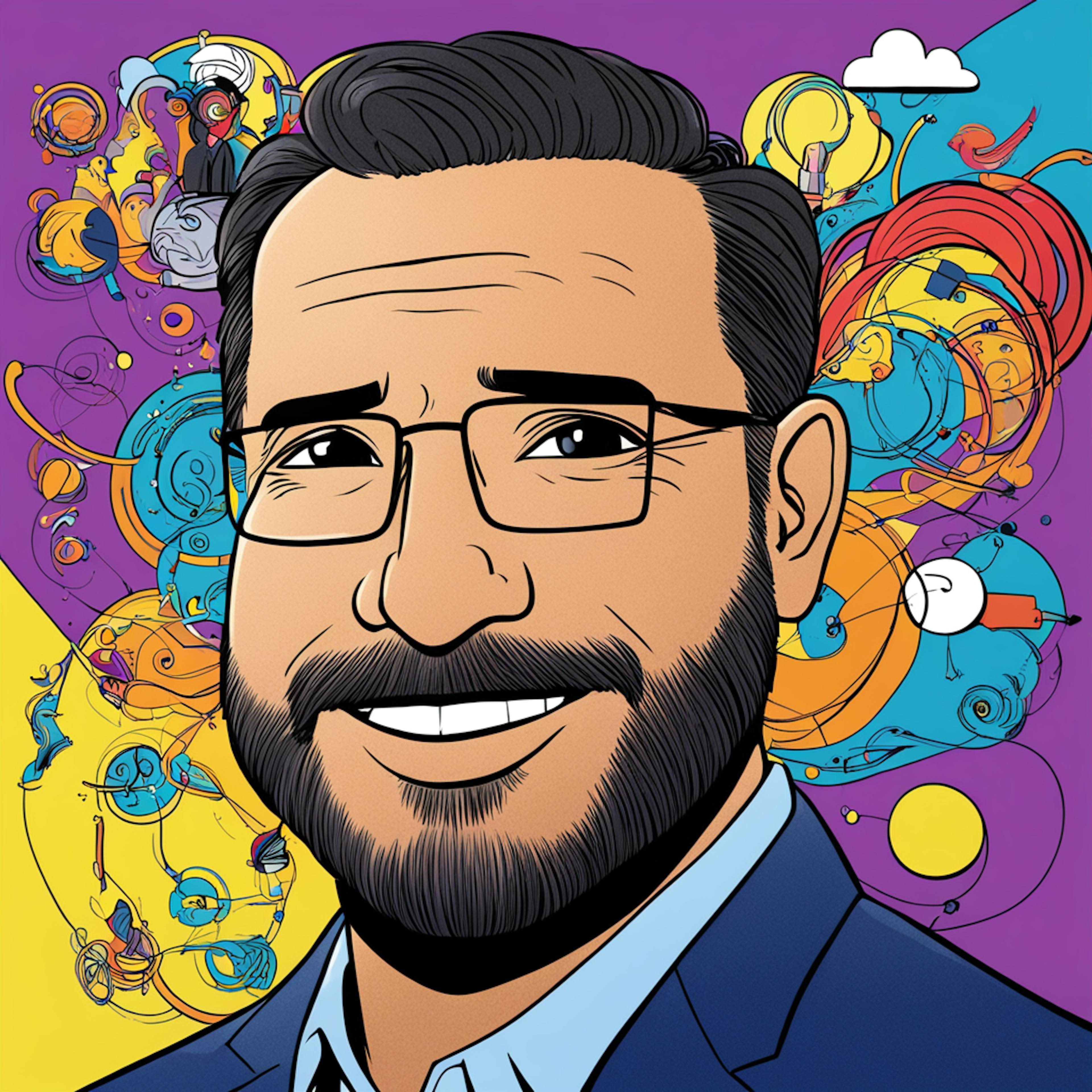 A lively cartoon portrait of a man with a beard, featuring a backdrop of swirling and engaging illustrations, symbolizing innovative techniques on how to market your coaching business.