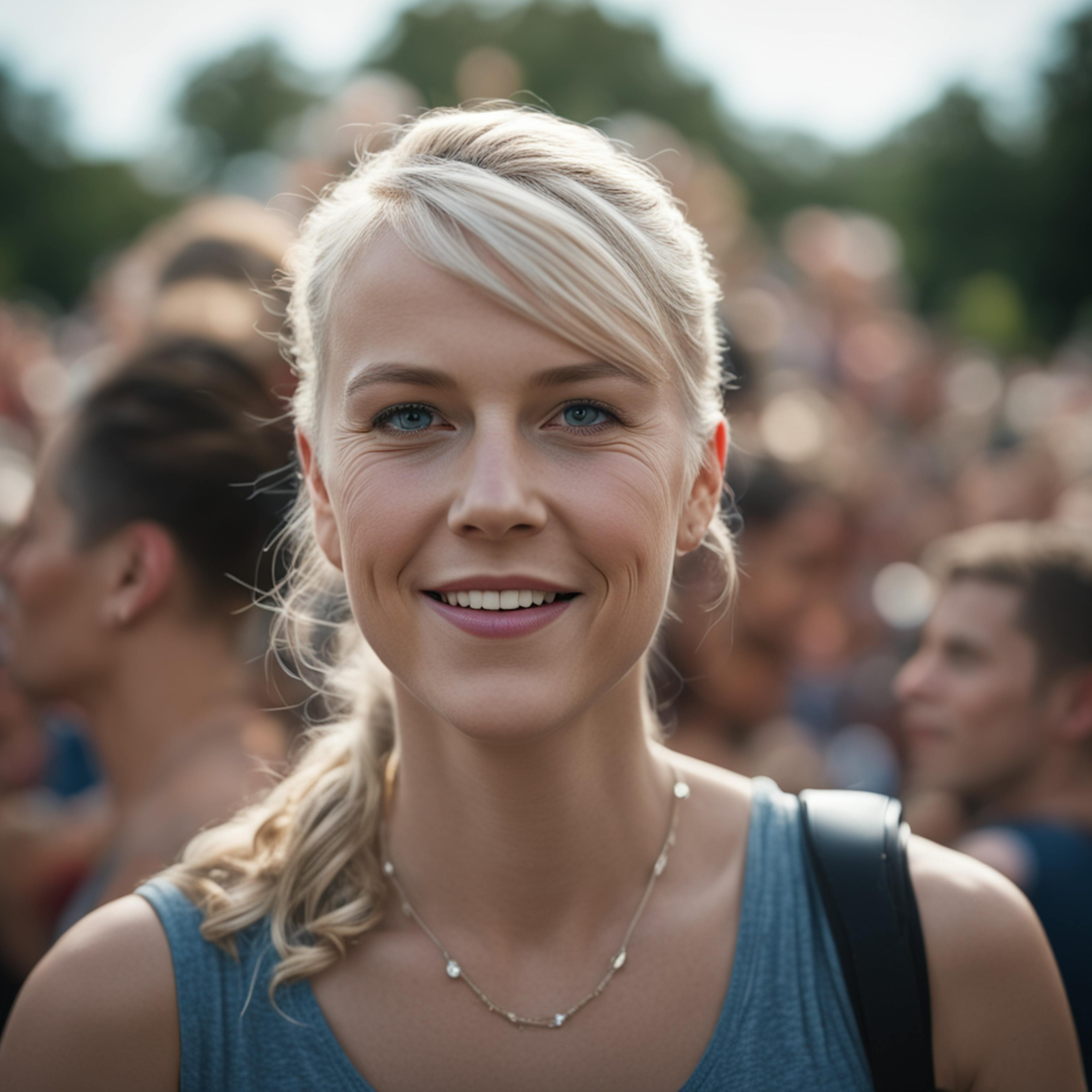 A smiling young woman with blonde hair and blue eyes stands in a lively crowd. She is wearing a blue top and a delicate necklace. The vibrant atmosphere around her suggests a bustling event, possibly organized by the High Point Market Authority.