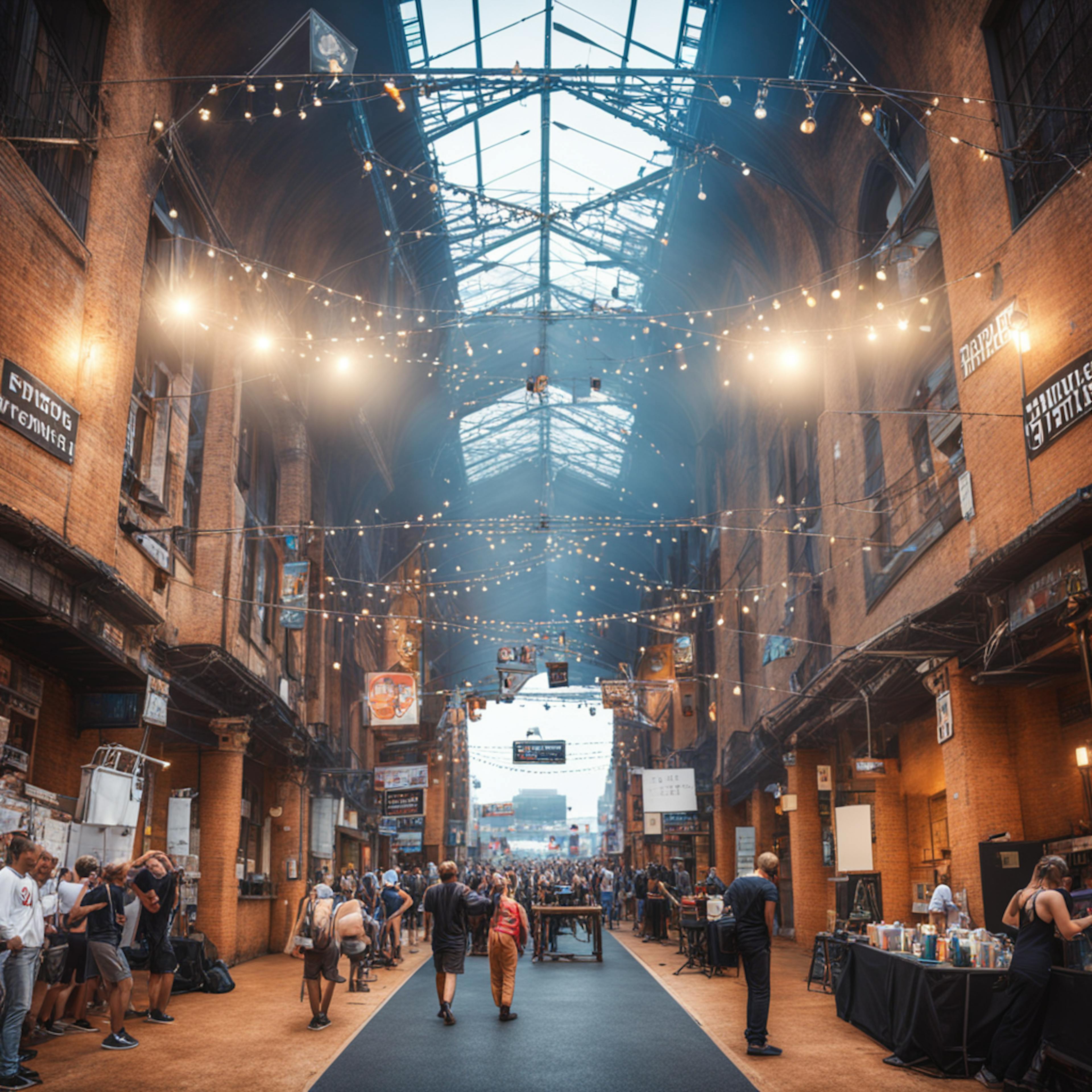 An indoor market scene filled with people walking along a wide aisle. The market is adorned with strings of lights hanging from a high, glass ceiling, and various stalls and banners are visible. The setting is likely a bustling event hosted by the High Point Market Authority.