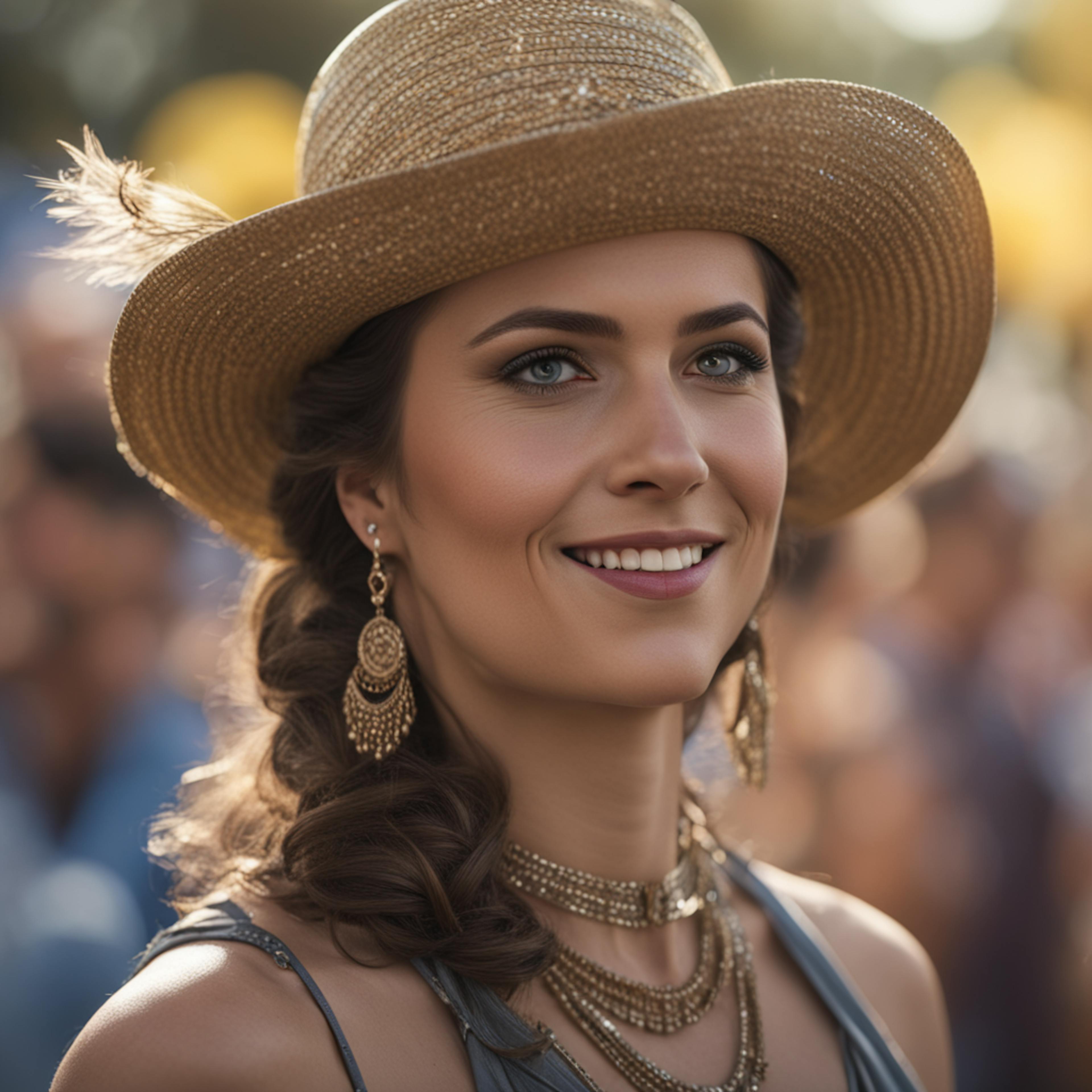 A woman with a warm smile and stylish accessories poses outdoors. She wears a straw hat with a feather, gold earrings, and a necklace. The background is filled with people, indicating a lively event, potentially managed by the High Point Market Authority.