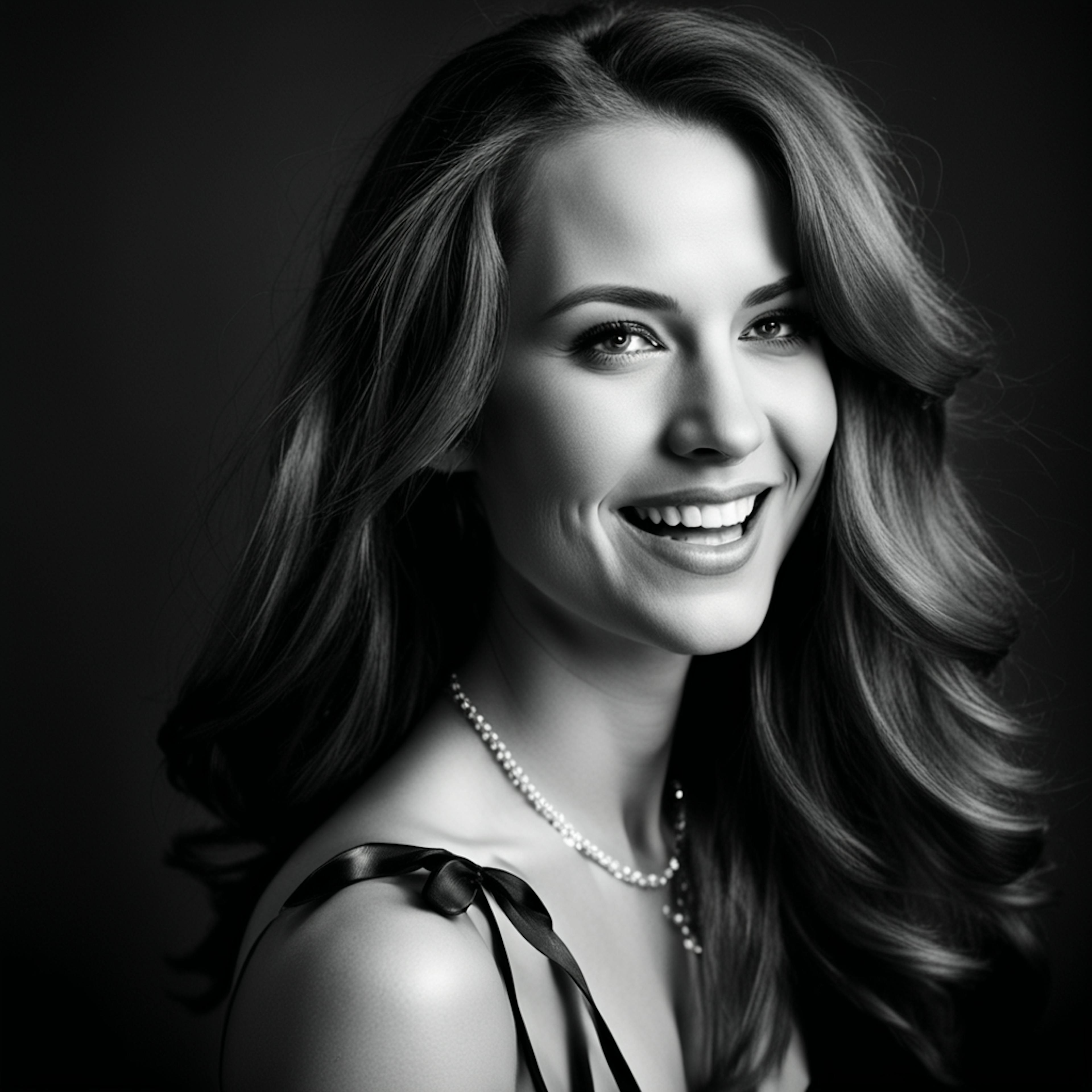 A black-and-white portrait of a woman with long, flowing hair and a radiant smile. She is wearing a pearl necklace and a dress with ribbon straps. This elegant photograph could be part of a health and wellness marketing agency's campaign, emphasizing beauty and confidence.