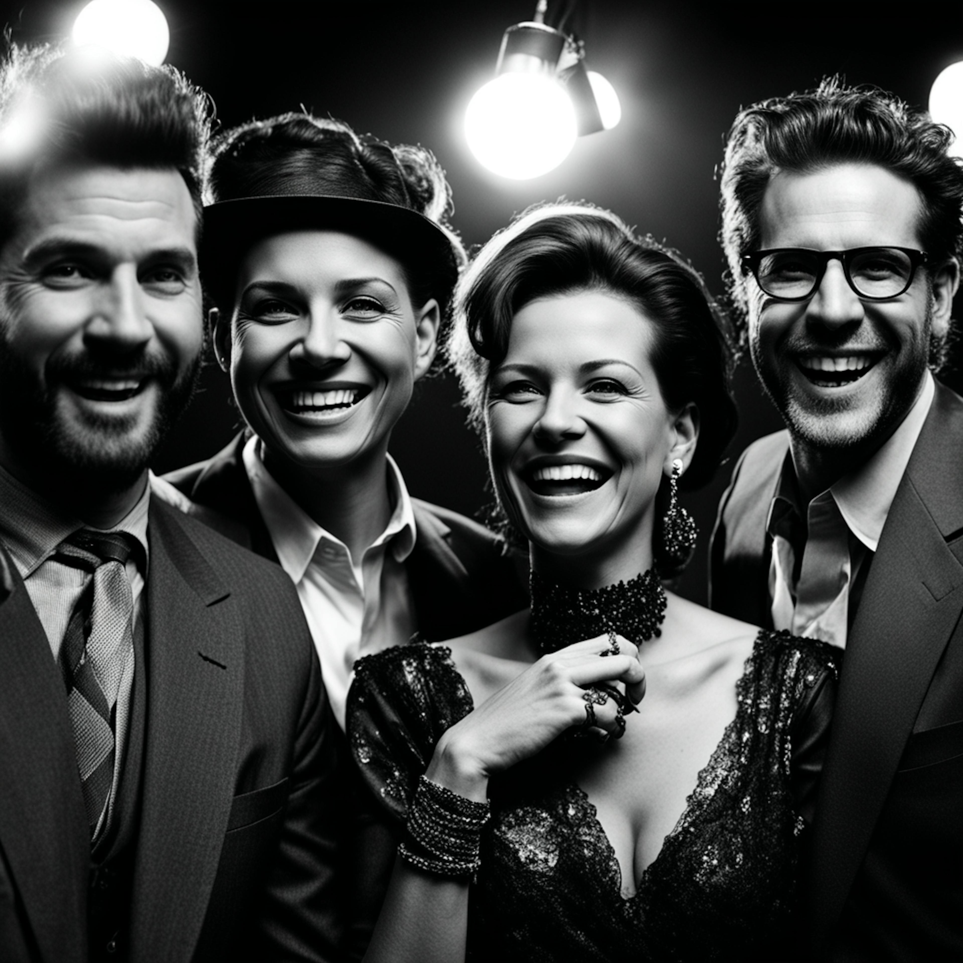 A black-and-white image featuring a group of four people dressed in formal attire, smiling and standing under bright studio lights. This lively and sophisticated photo could be used by a health and wellness marketing agency to highlight teamwork, professionalism, and positive energy.