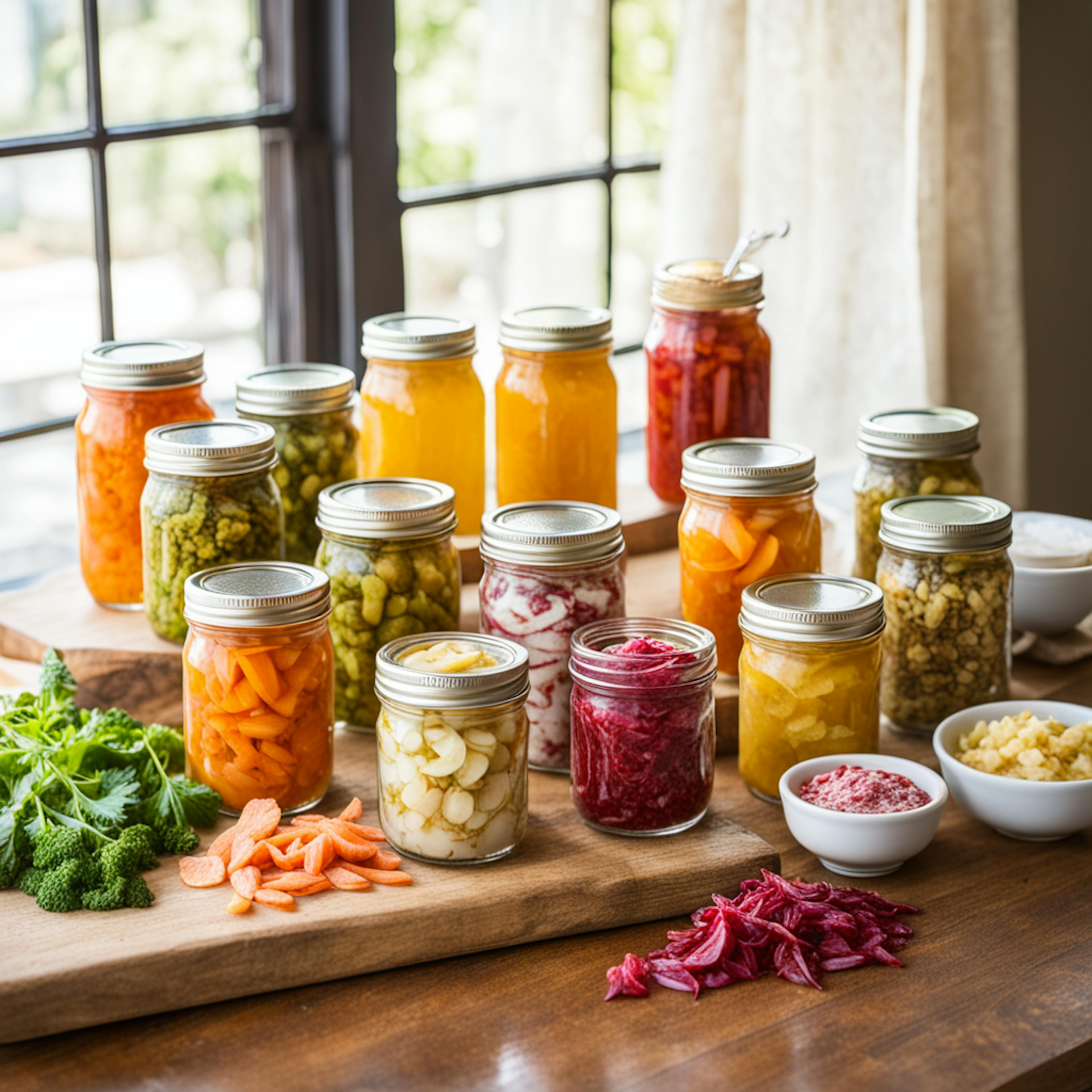 A variety of colorful, homemade pickled vegetables and preserves displayed in glass jars on a wooden countertop. The jars are arranged in a visually appealing manner, with fresh herbs and chopped vegetables enhancing the presentation. This vibrant image could be part of a health and wellness digital marketing campaign, promoting the benefits of homemade, nutritious foods.