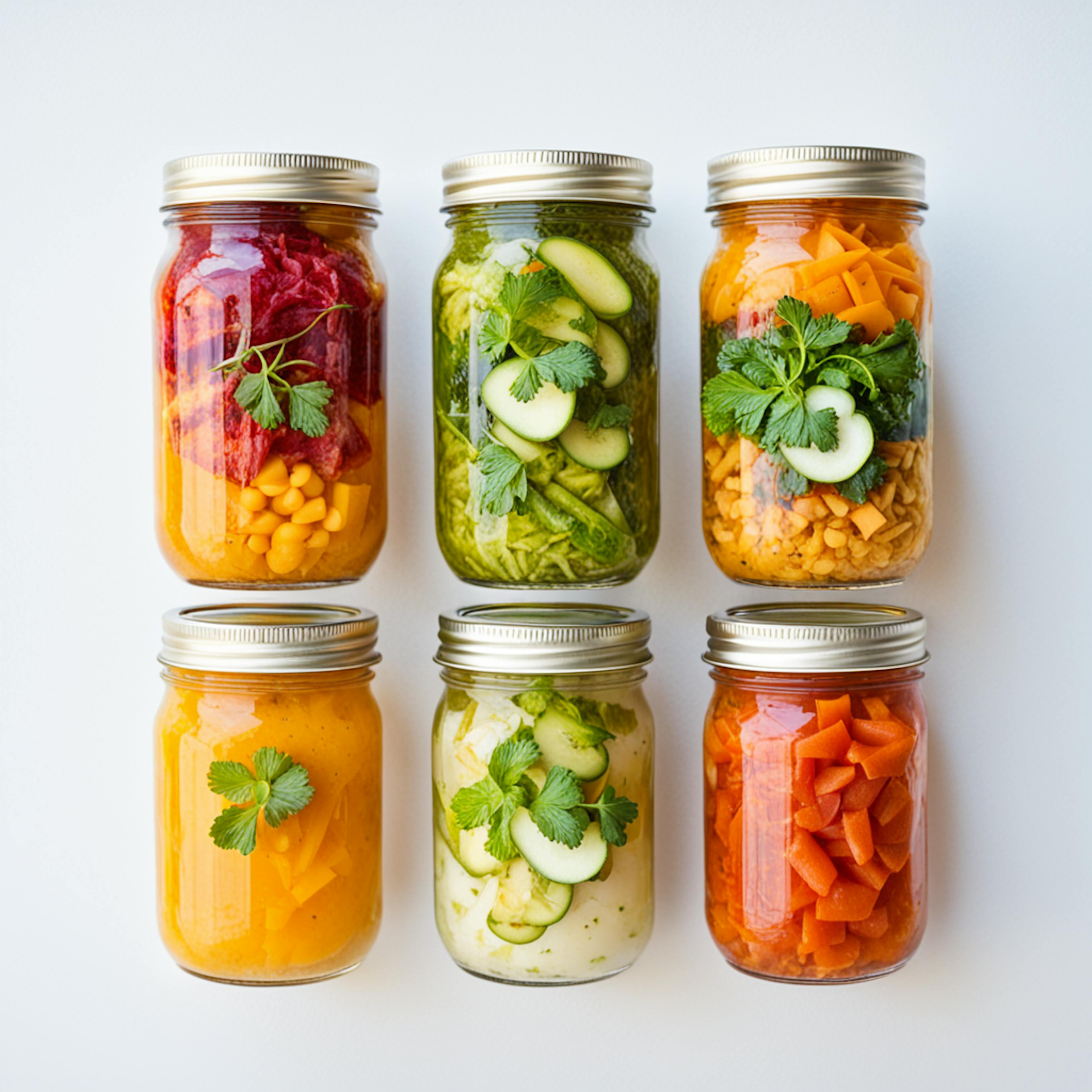 Six neatly arranged glass jars filled with assorted pickled vegetables and garnished with fresh herbs. The bright and colorful presentation on a white background highlights the freshness and variety of the contents. This image is ideal for a health and wellness digital marketing strategy, showcasing healthy and delicious food options.
