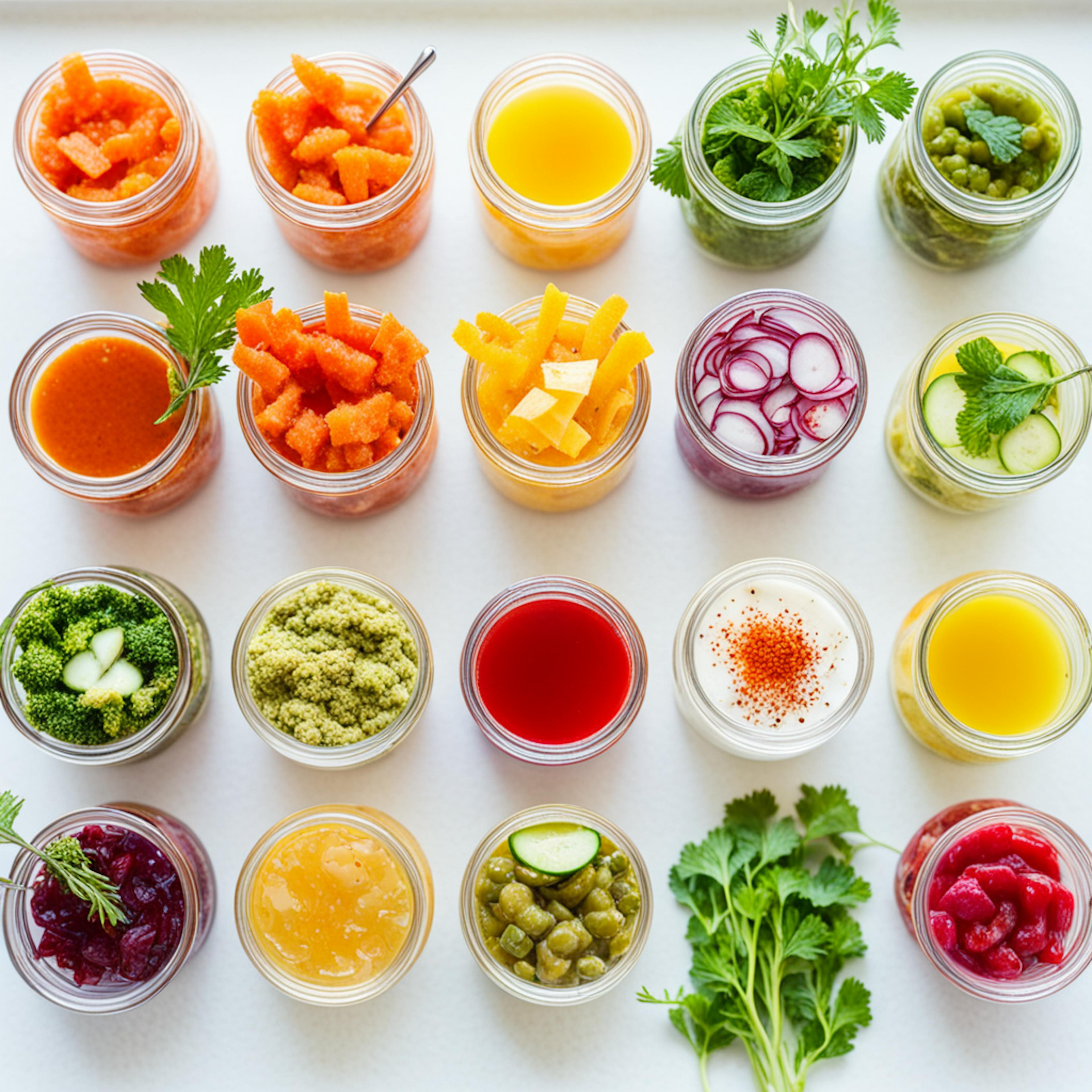 An array of small glass jars filled with a variety of vibrant, fresh ingredients including chopped vegetables, sauces, and herbs, arranged in an organized grid pattern. This visually striking image is perfect for a health and wellness digital marketing campaign, emphasizing the appeal and diversity of healthy eating choices.