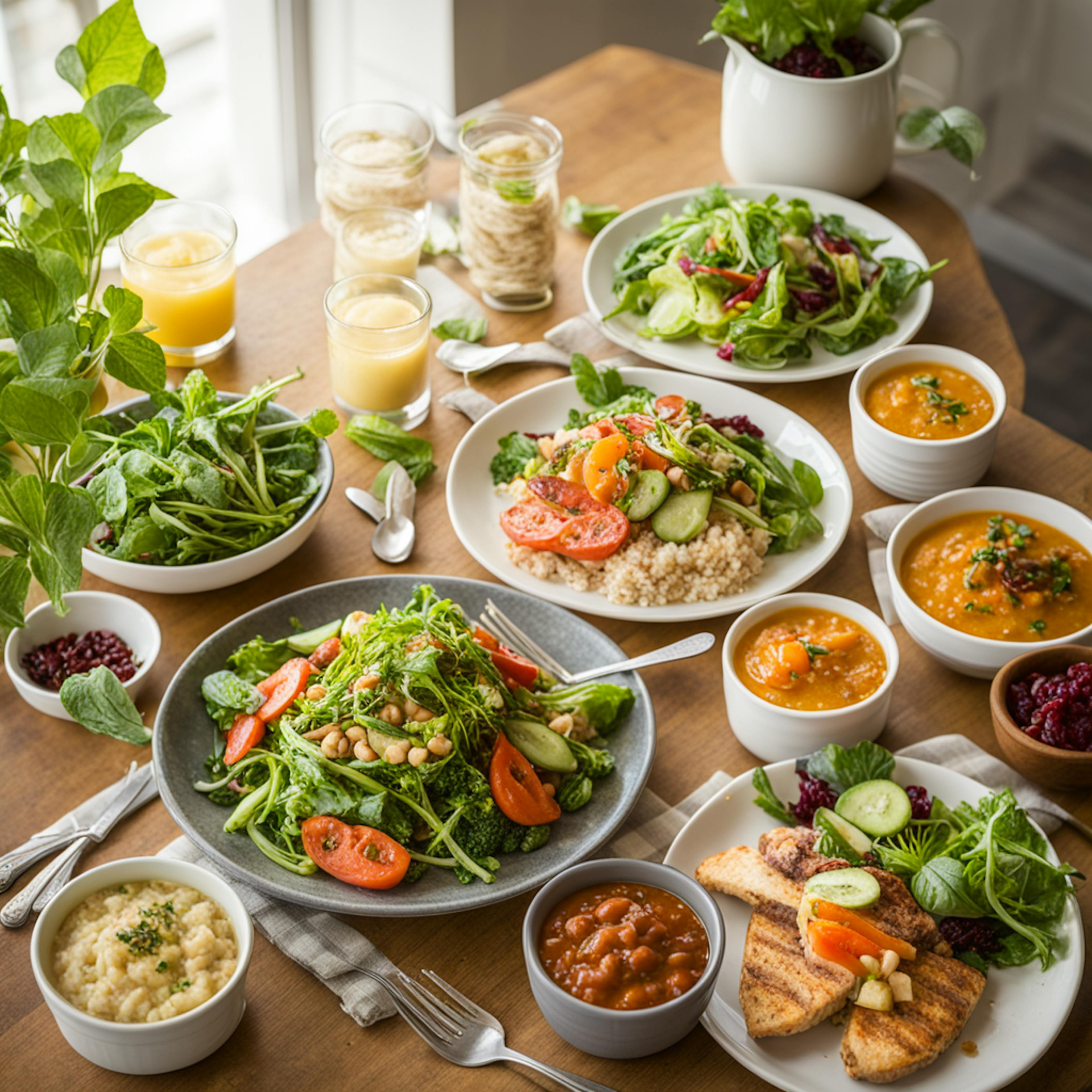 A beautifully arranged table filled with an assortment of healthy dishes including fresh salads, soups, grains, and juices. The vibrant colors and fresh ingredients make the meal visually appealing, promoting the benefits of nutritious eating. This image is perfect for a health and wellness marketing campaign, showcasing a variety of delicious and healthy meal options.