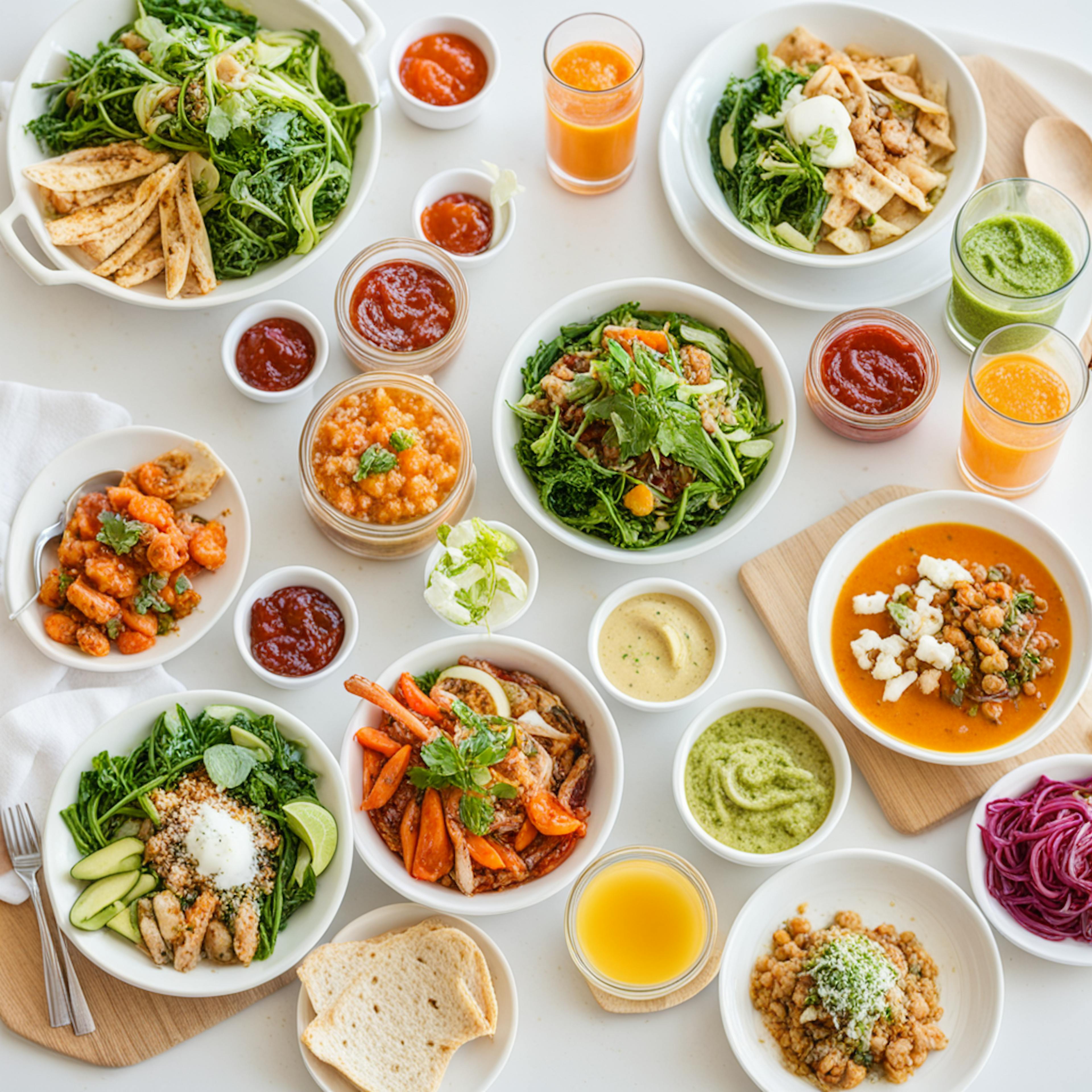 An overhead shot of a table laden with various healthy dishes such as salads, stews, sauces, and juices. The vibrant array of foods, each meticulously presented, highlights the appeal of a balanced diet. This image is ideal for use in health and wellness marketing, emphasizing the diversity and appeal of healthy eating.