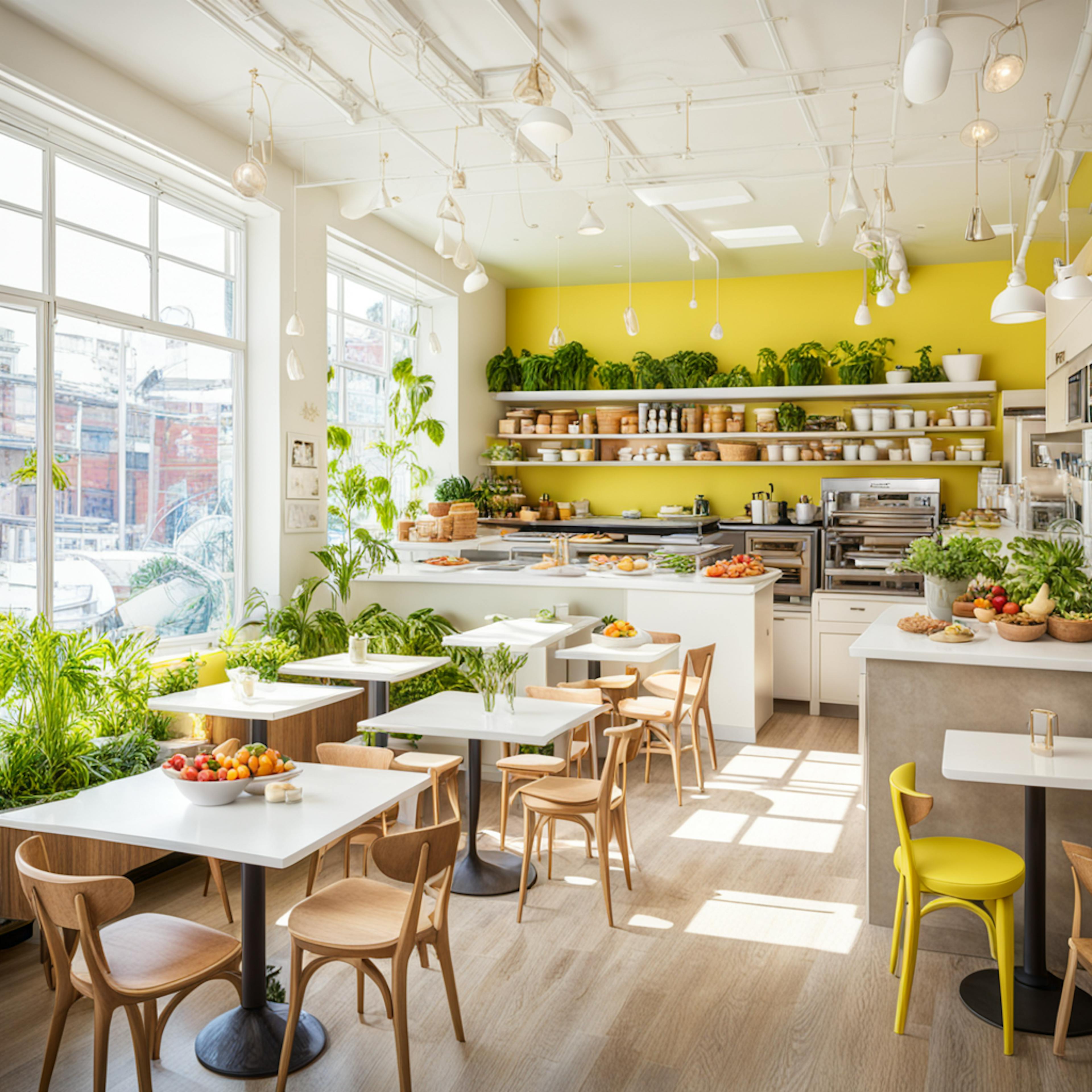 A bright and airy kitchen filled with natural light, featuring neatly arranged fresh produce, herbs, and other ingredients. The modern design and abundance of greenery create an inviting atmosphere that promotes healthy living. This image could be used in health and wellness marketing to highlight the importance of a clean, well-organized space for preparing nutritious meals.