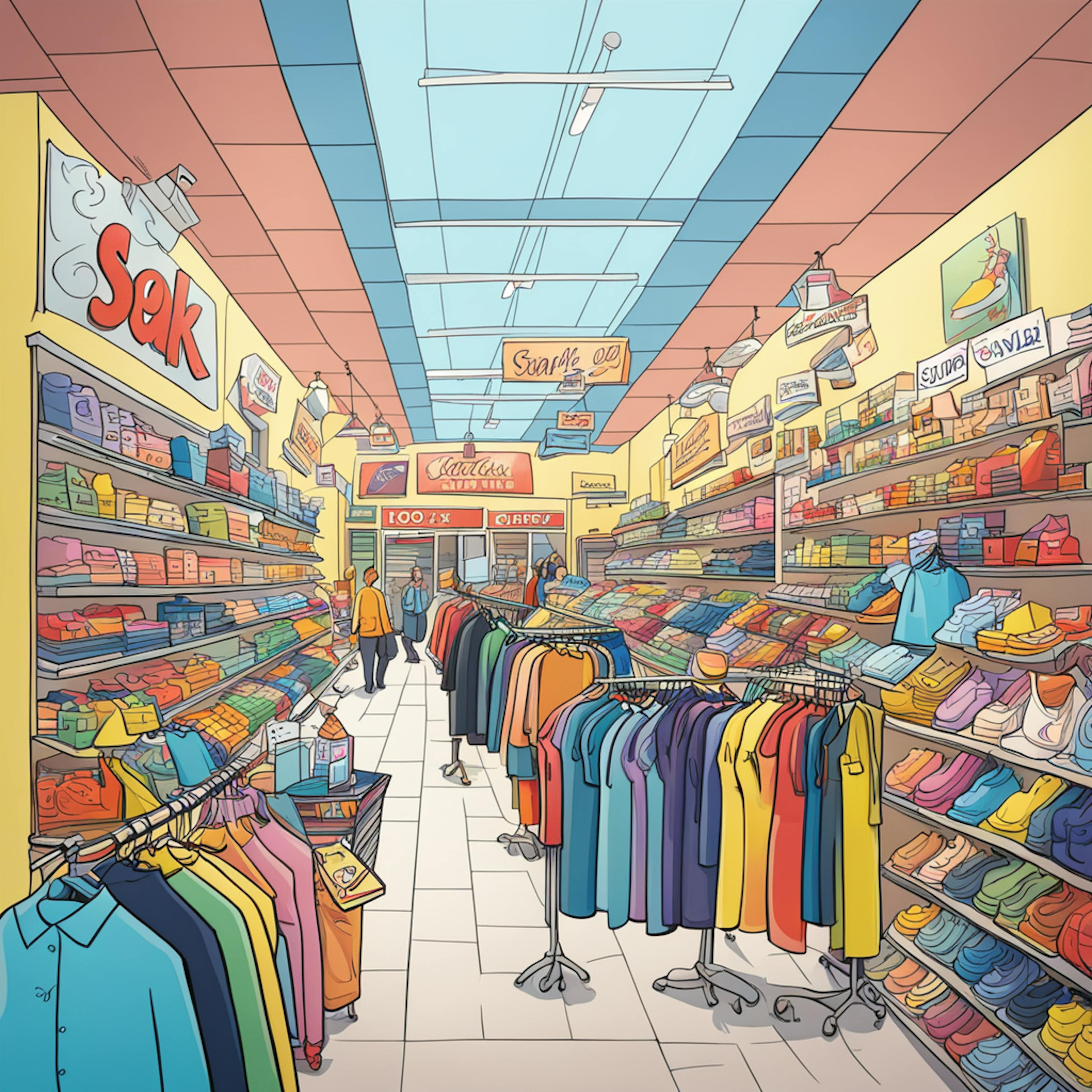 A colorful and vibrant illustration of a well-organized store interior. The store is filled with neatly arranged clothes on racks and a wide variety of products on shelves. Shoppers are seen browsing through the items, creating a lively atmosphere. This image can be used to depict the concept of "what is DTC marketing," showcasing a direct-to-consumer retail environment.