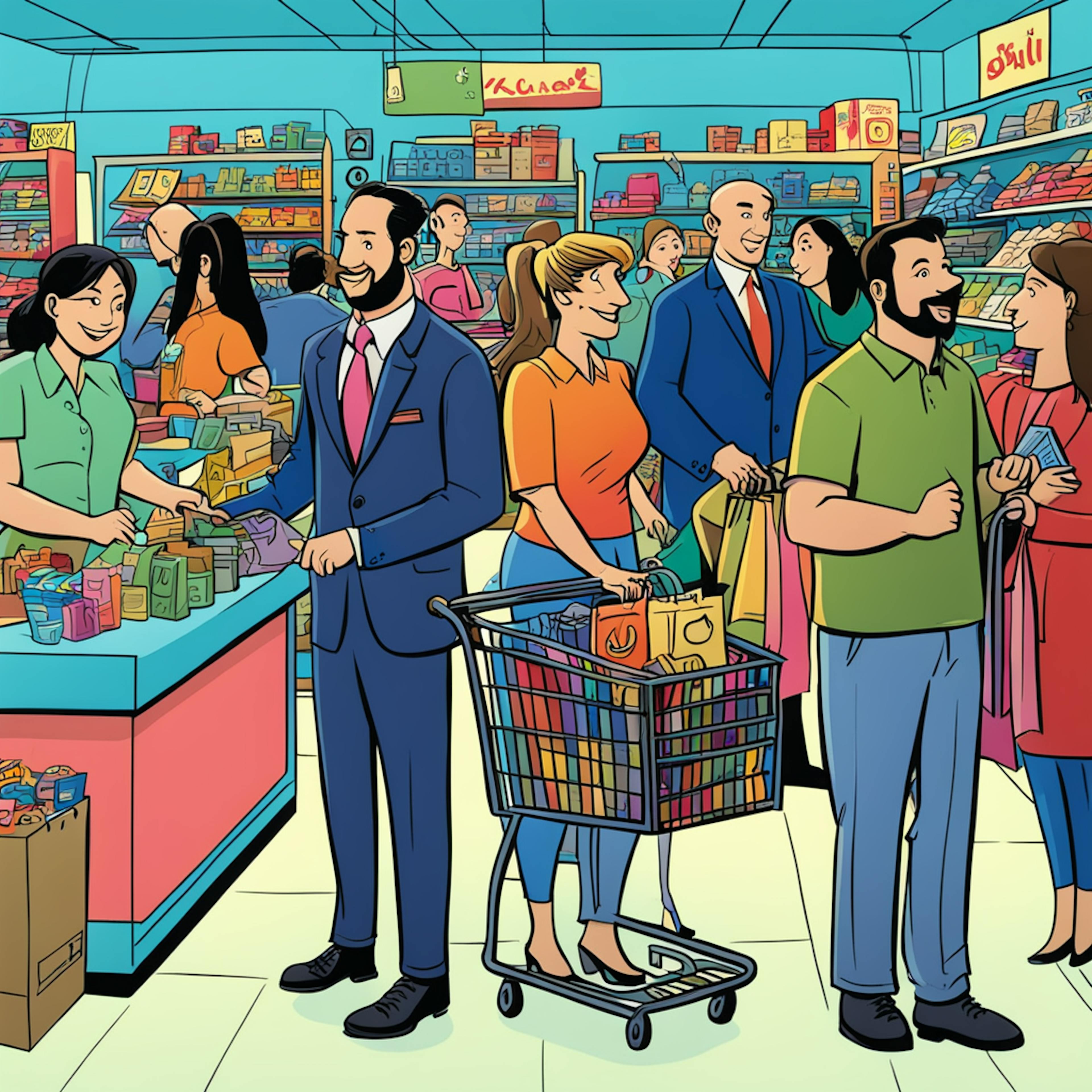 An animated scene inside a busy supermarket, with customers engaging in shopping activities. People are seen smiling, interacting with staff, and filling their carts with various products. This lively illustration captures the essence of "what is DTC marketing," highlighting direct interactions between consumers and a brand in a retail setting.