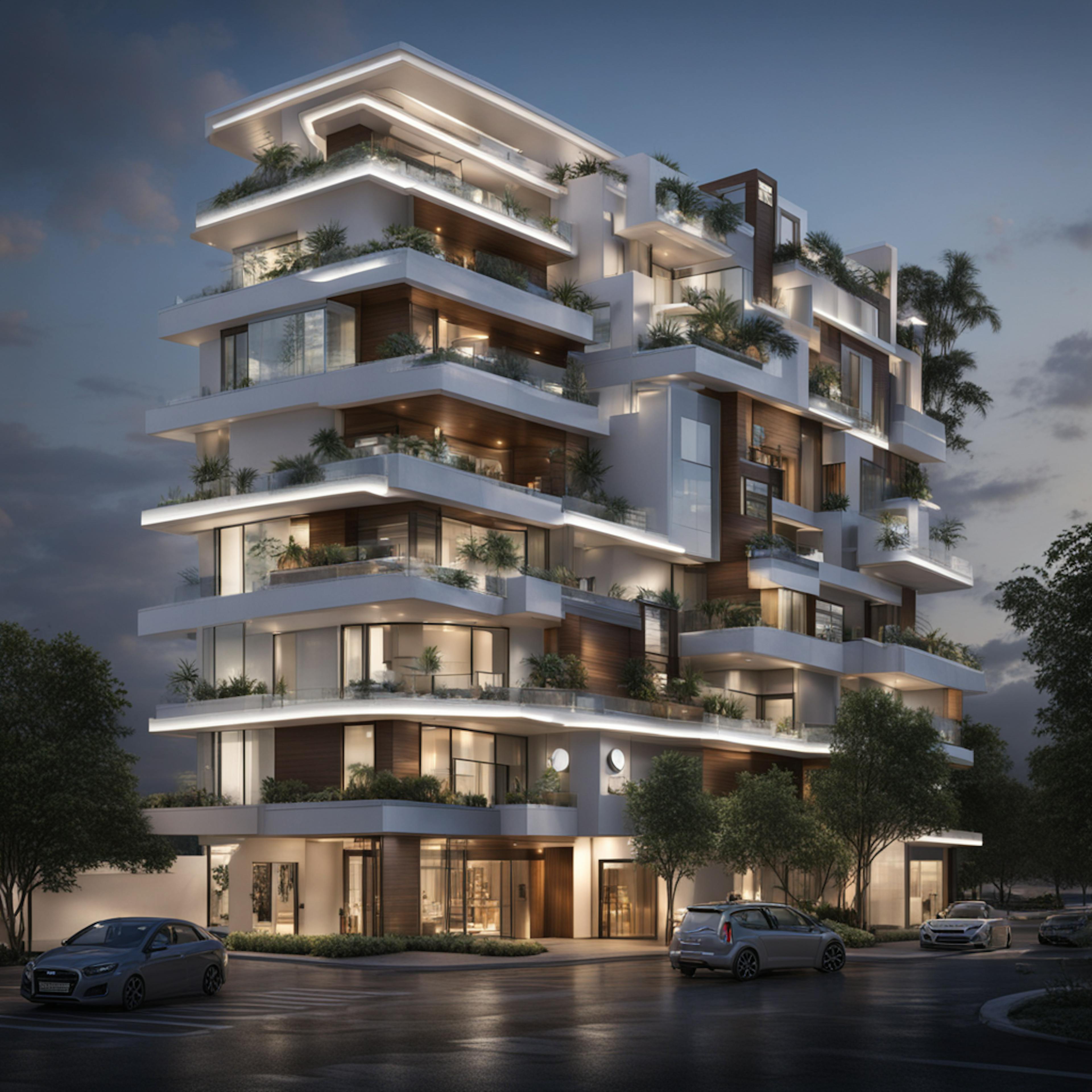 A modern, multi-story residential building with sleek architecture and illuminated balconies at dusk. The building is surrounded by lush greenery and parked cars, showcasing a luxurious urban living environment. This image represents the kind of properties featured in the Western Video Market, highlighting sophisticated and contemporary real estate options.