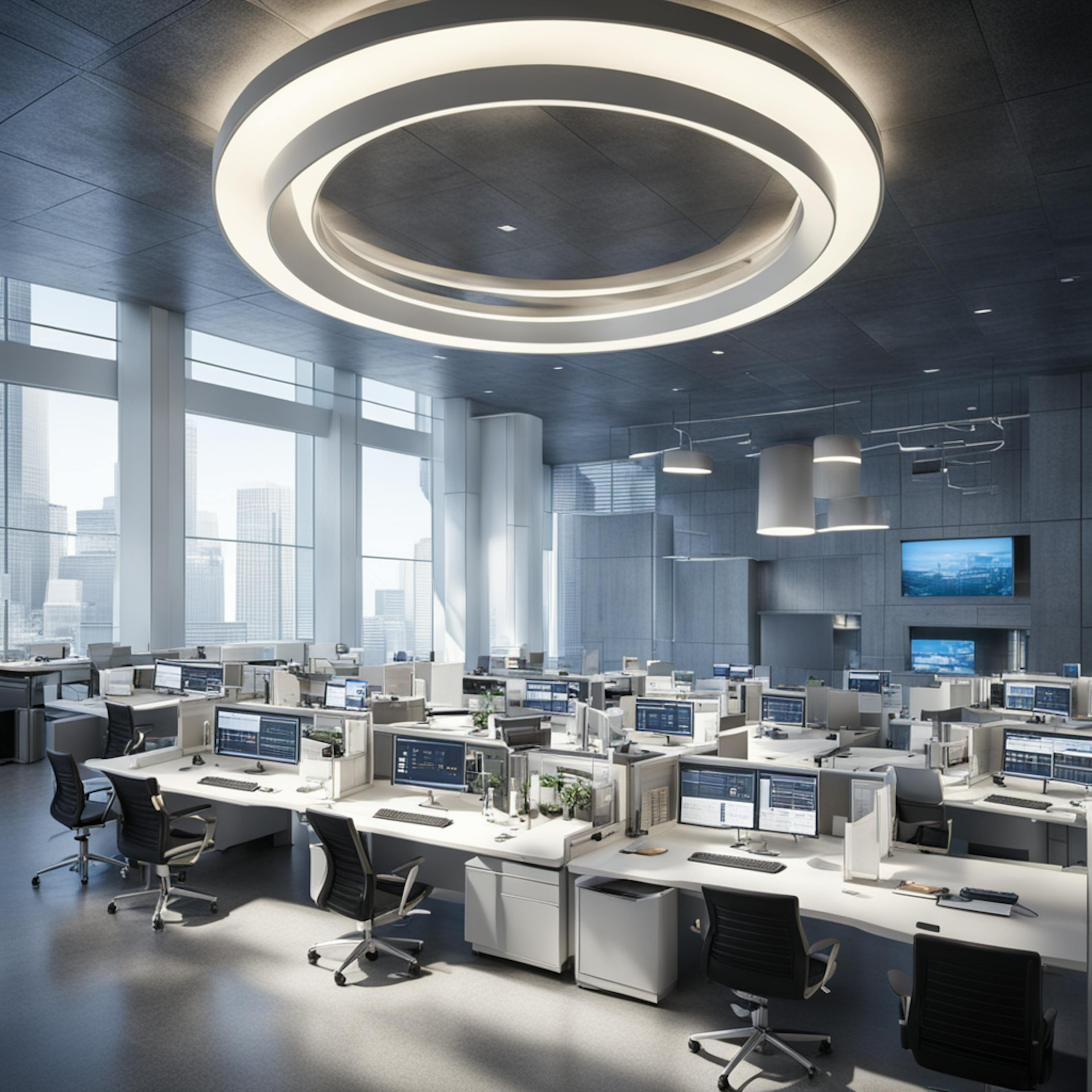 A state-of-the-art office space with rows of workstations equipped with computers, surrounded by large windows offering a panoramic city view. The modern lighting fixtures and high ceilings create a professional and futuristic work environment. This image represents the advanced office setups showcased in the Western Video Market, focusing on modern and efficient workspaces.