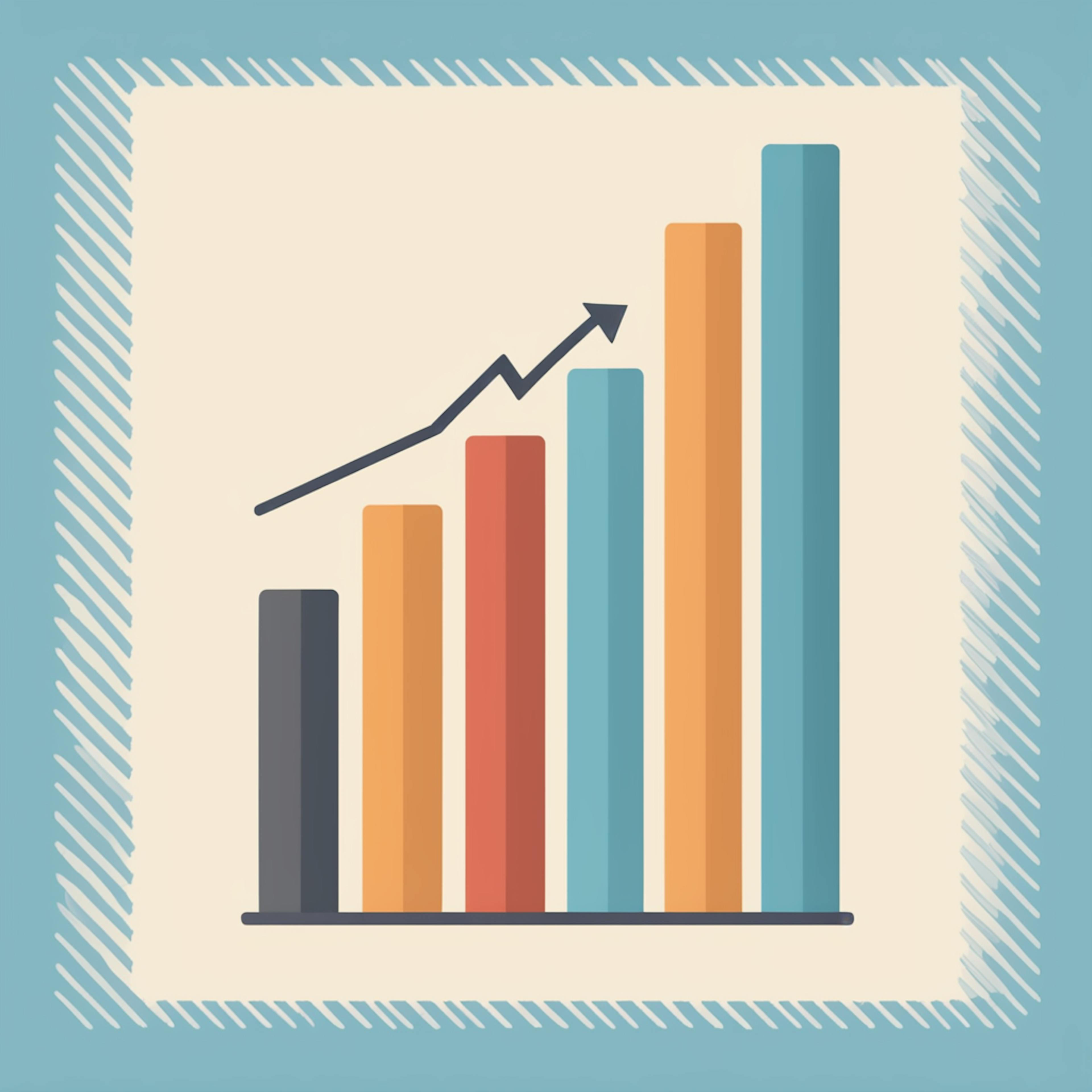 A bar chart with multiple colored bars and an upward trending arrow, representing growth and success in a video marketing strategy.