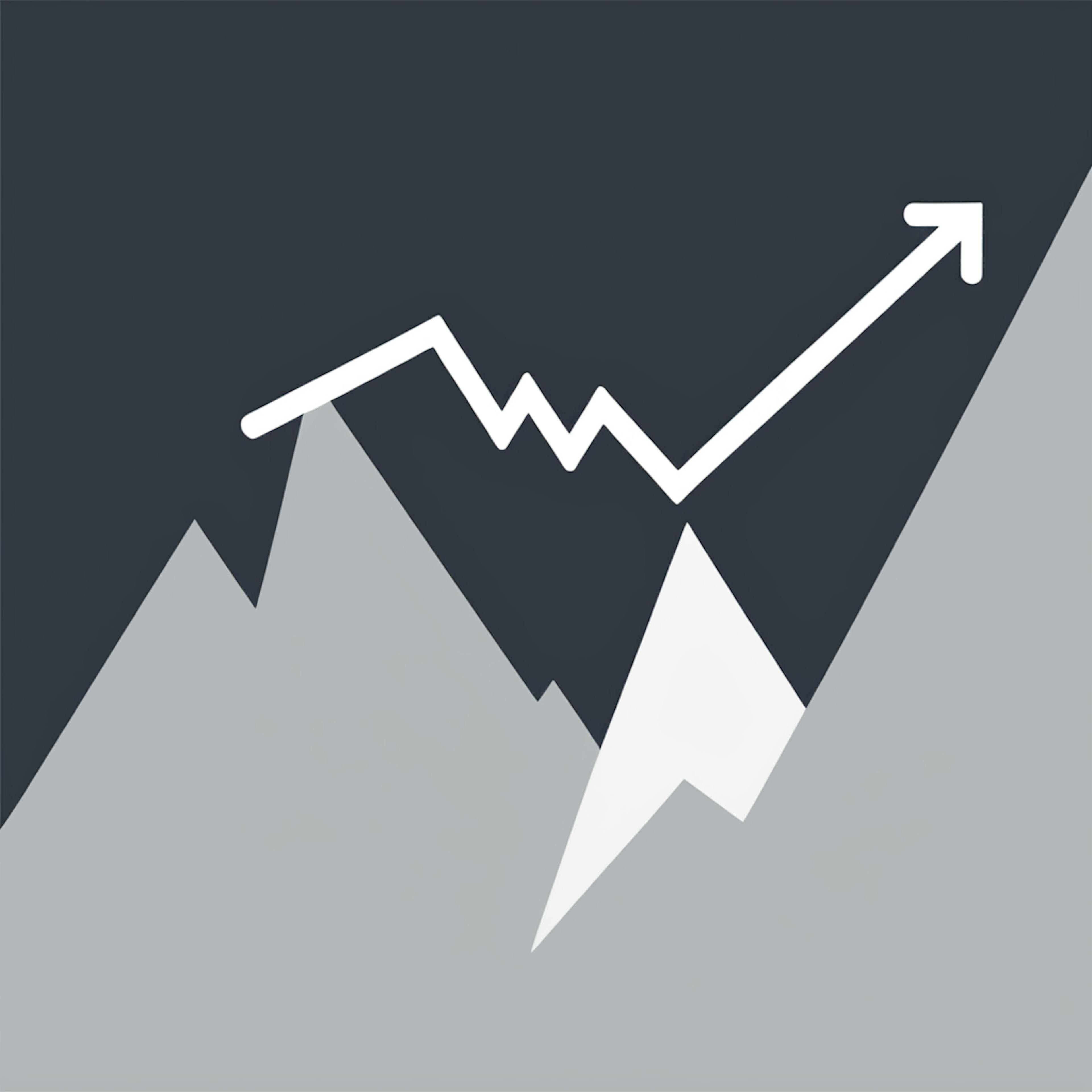 A minimalist mountain peak graphic with an upward trending arrow, symbolizing the climb and success in implementing a video marketing strategy.