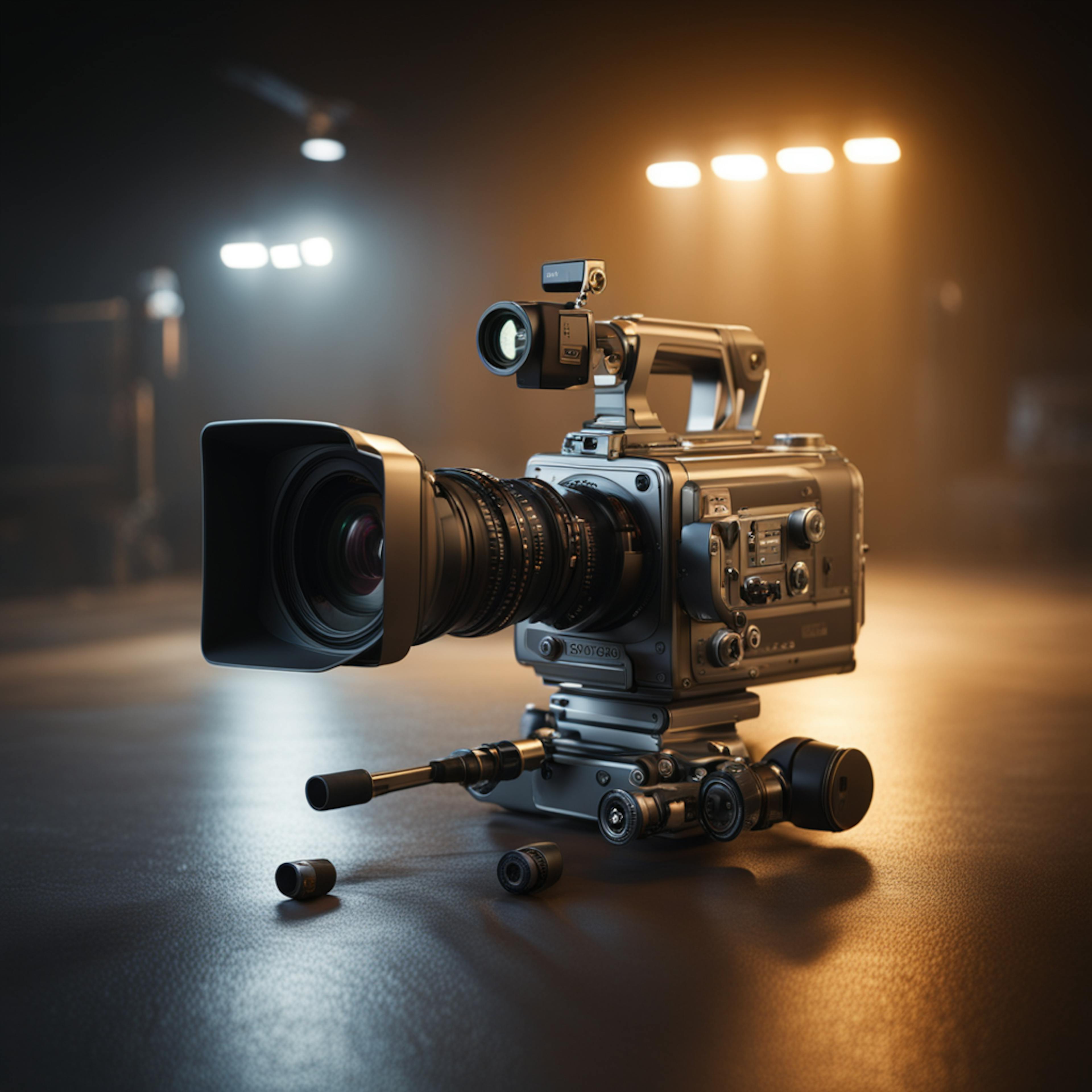 A sophisticated video camera in a dimly lit studio, representing the advanced technology utilized in video marketing services.