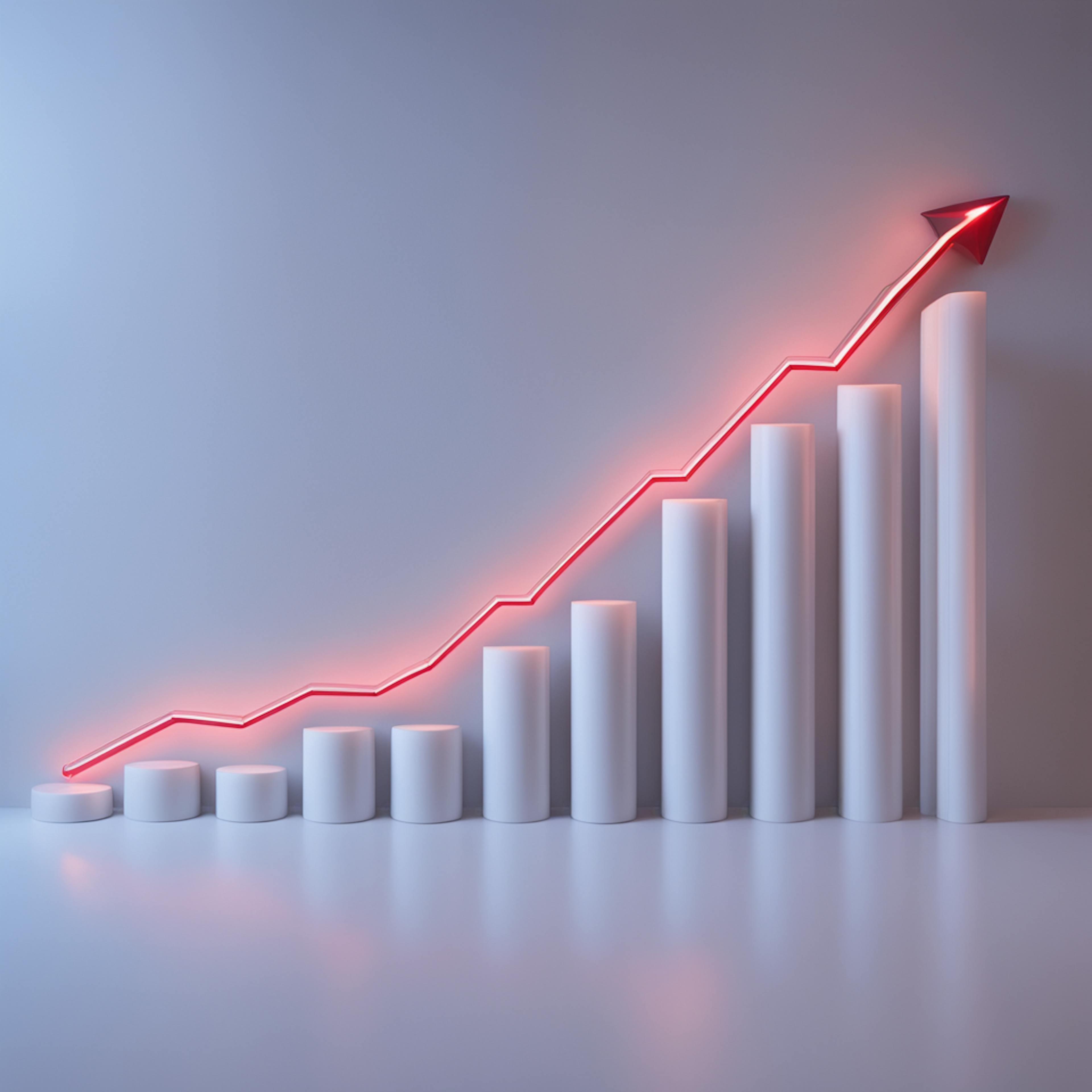 A bar graph with a glowing red upward arrow, symbolizing growth and success, perfect for illustrating the benefits of van track custom conversions.