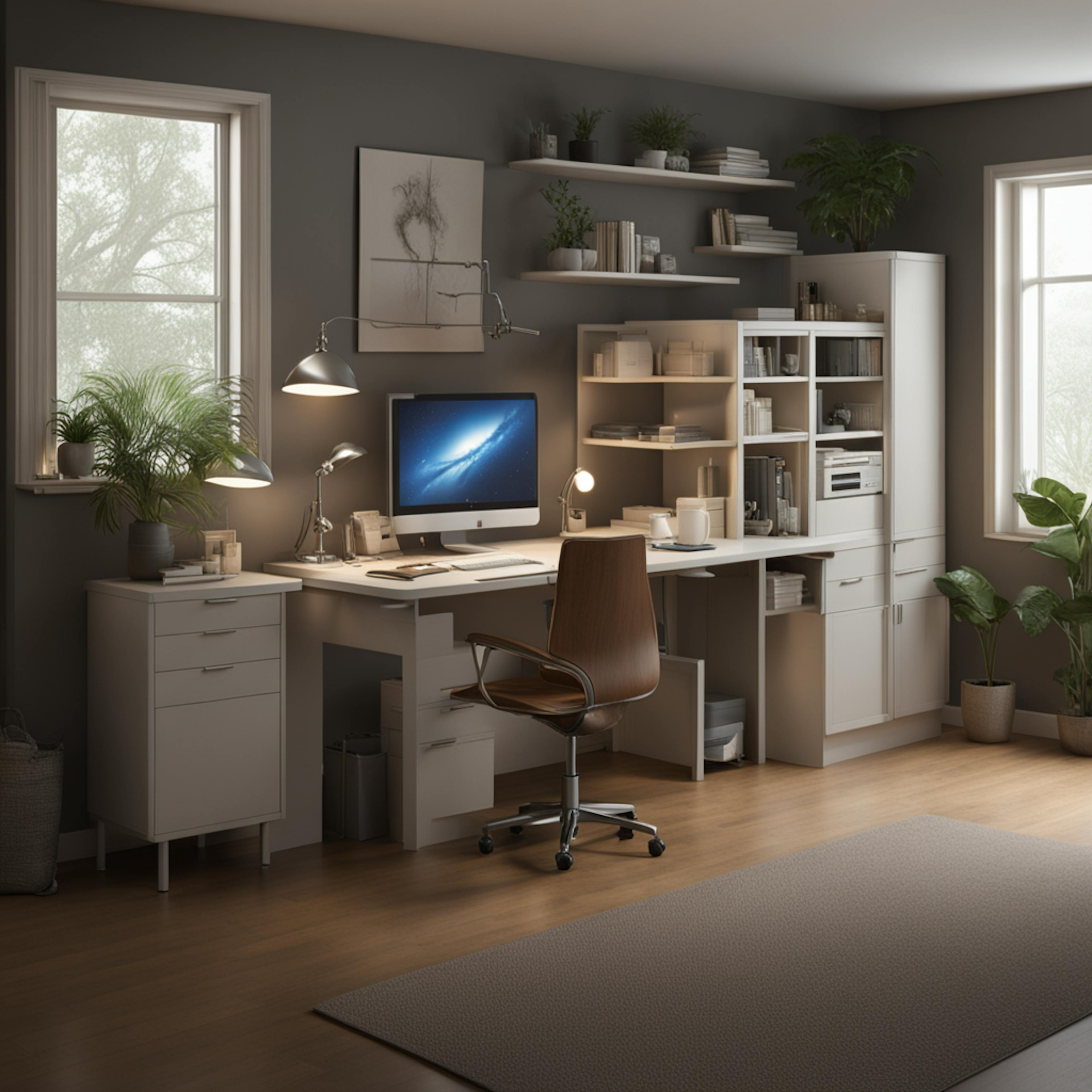 A modern, well-organized home office with a computer setup, representing an ideal workspace for user experience (UX) researcher jobs that require a keen eye for detail and a comfortable environment for deep work.