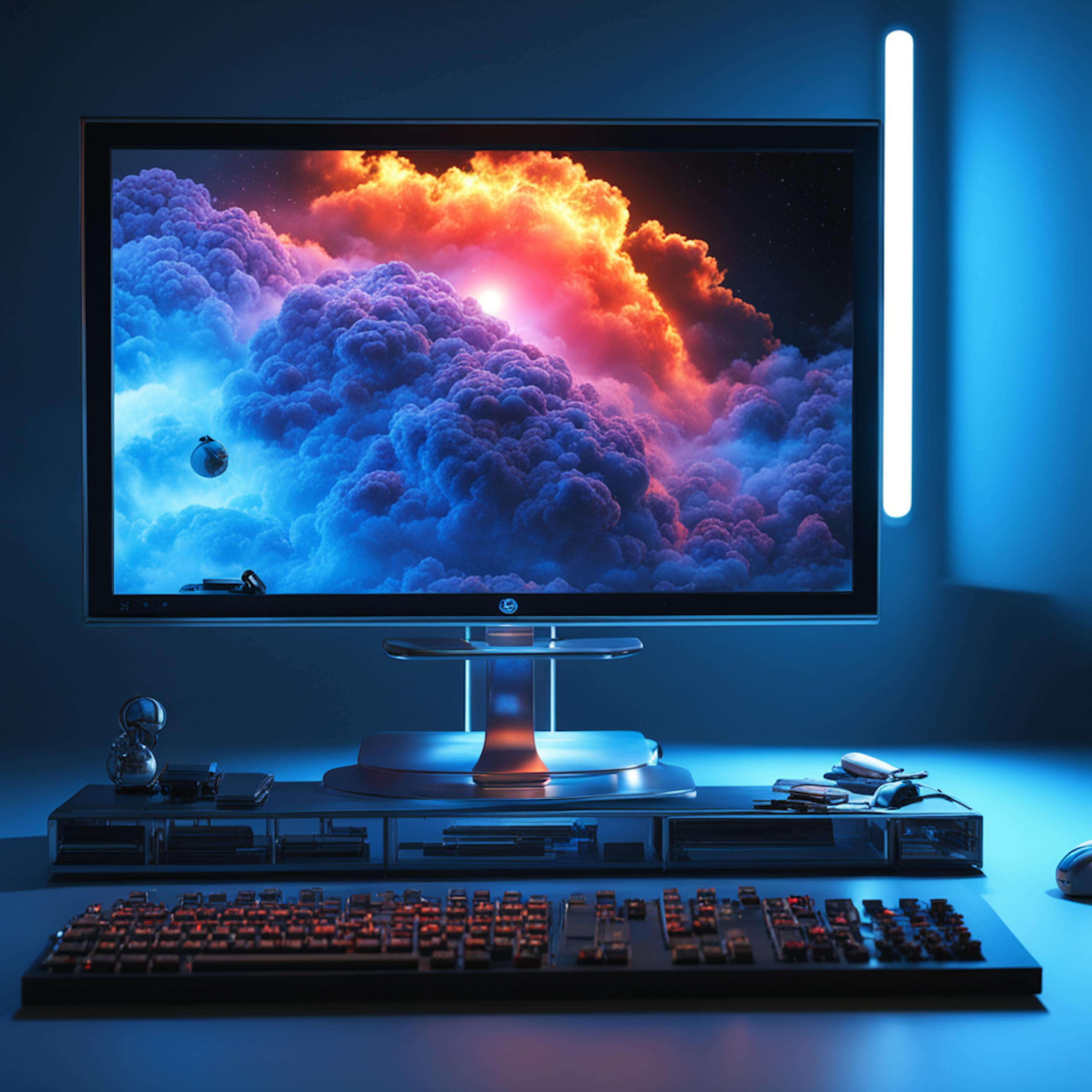 A sleek, futuristic computer setup with vibrant visuals on the monitor, illustrating the creative and analytical aspects involved in user experience (UX) researcher jobs.