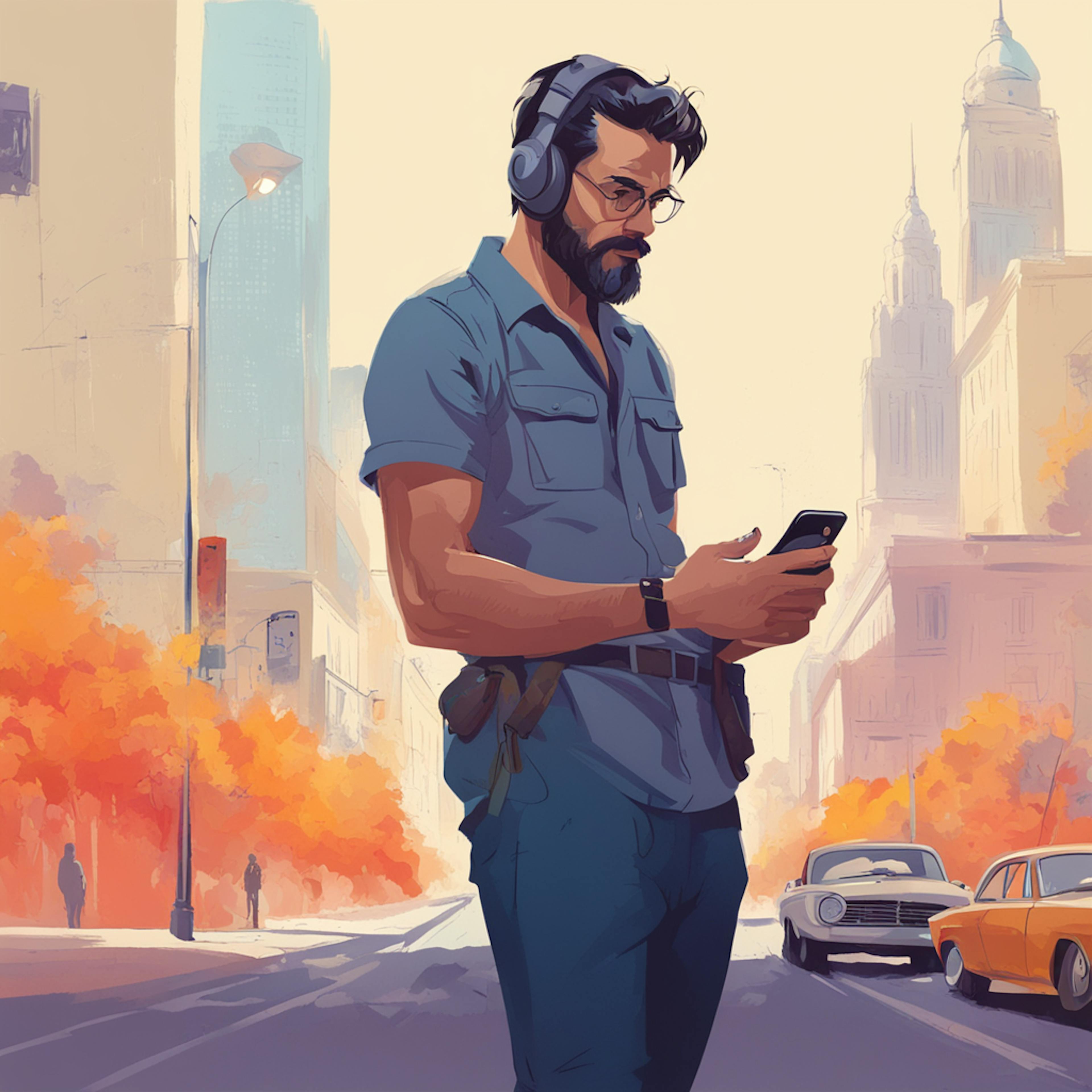 An illustration of a man with headphones looking at his smartphone while walking through a city, representing the on-the-go nature of user experience (UX) jobs.