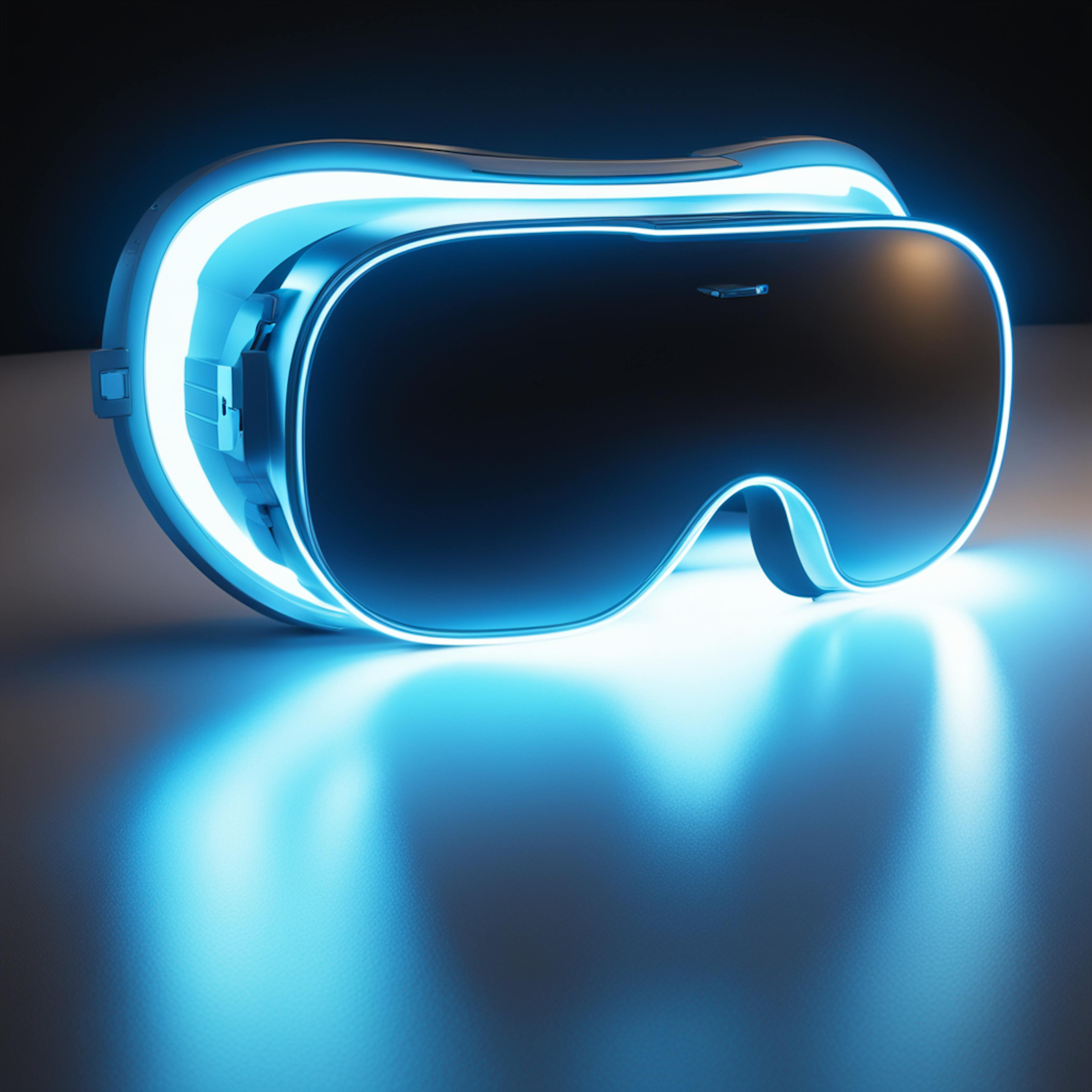 A sleek, futuristic VR headset with glowing blue lights, representing the tools and technology a user experience researcher might utilize to study and enhance virtual interactions.